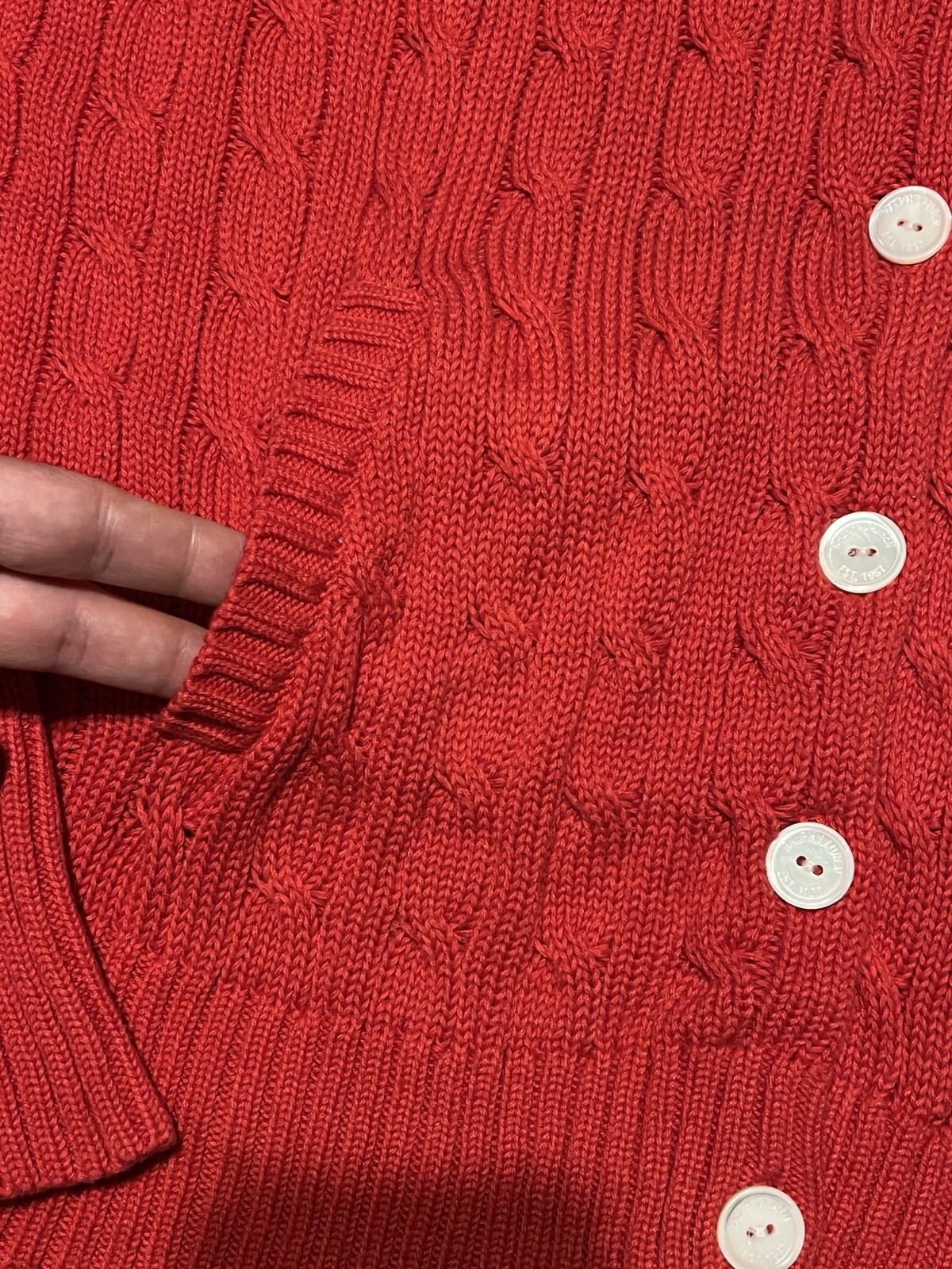 Lauren Ralph Lauren Red Cable Knit Mock Neck Cardigan Sweater XL Preppy Cottage
