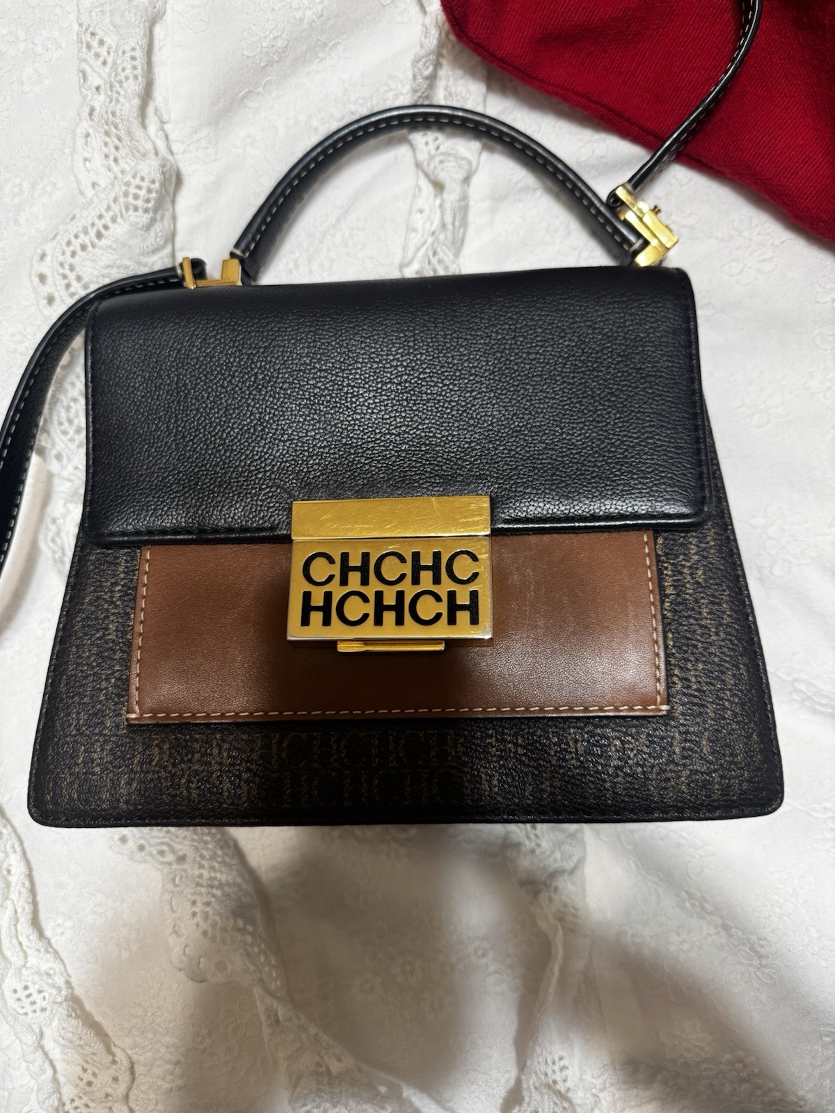 Carolina Herrera Monogram Logo Small Crossbody Top Handle Brown/Black Gold