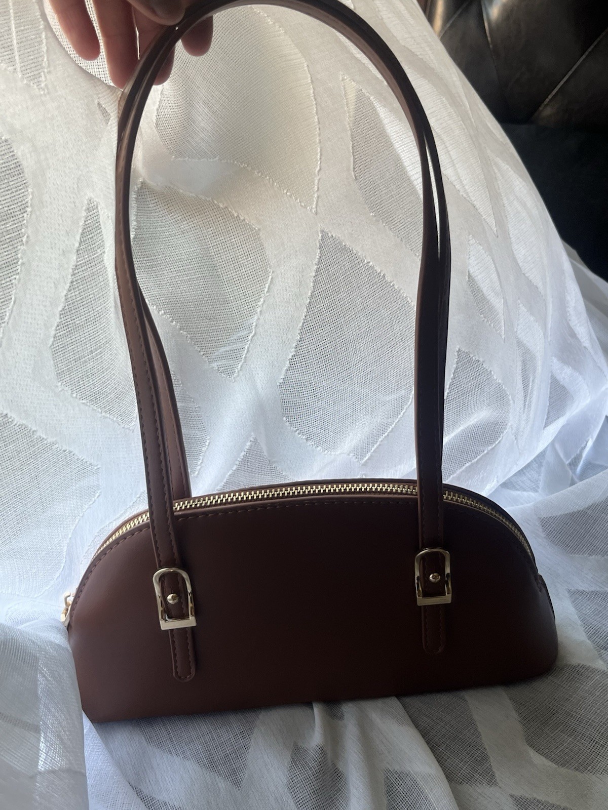 Madison West Brown Semi-Circle Shoulder Bag Zip Gold Hardware Pockets