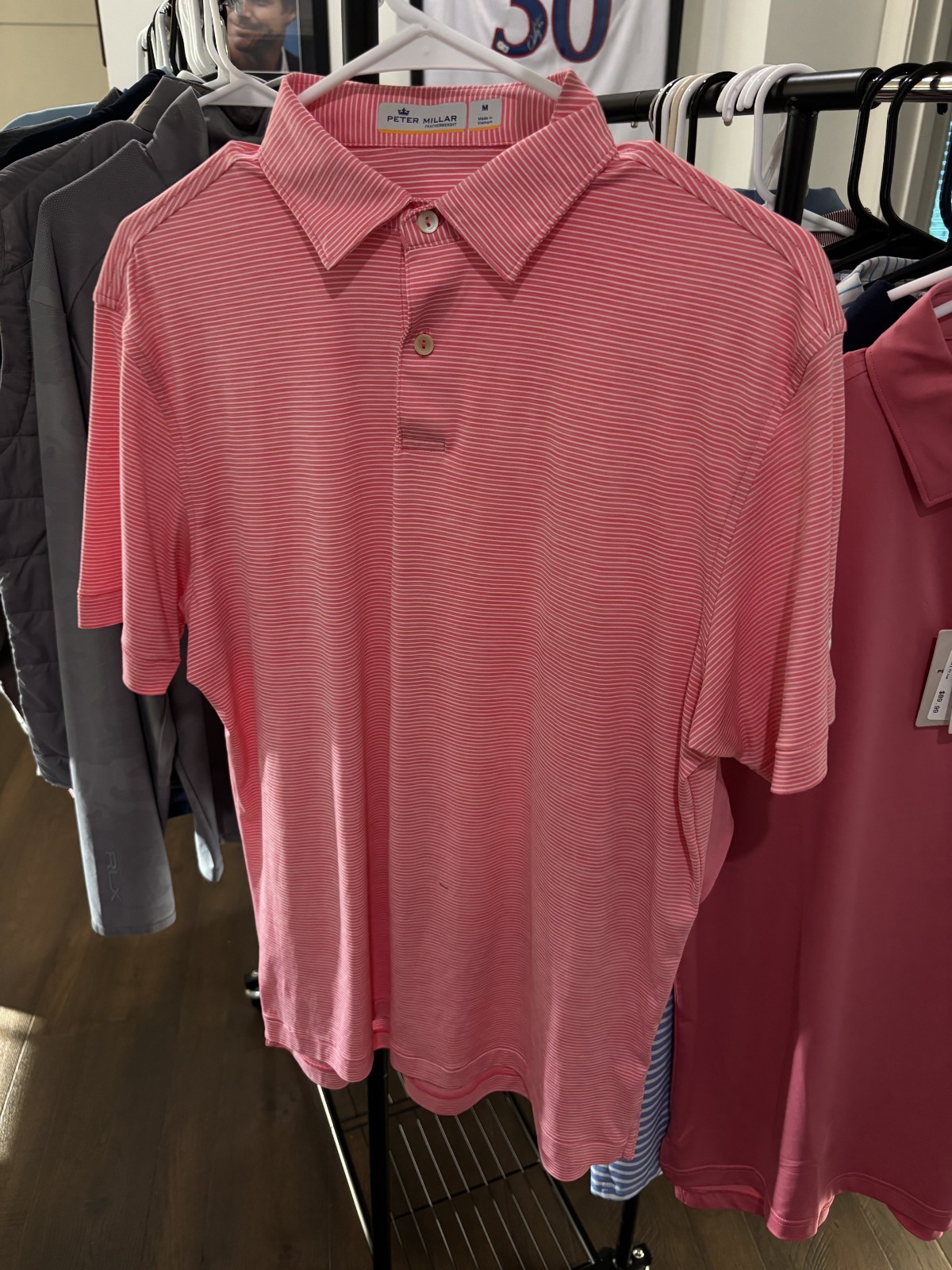 Peter Millar Summer Comfort Ballyneal Golf Club Polo Mens Medium Pink Stripe