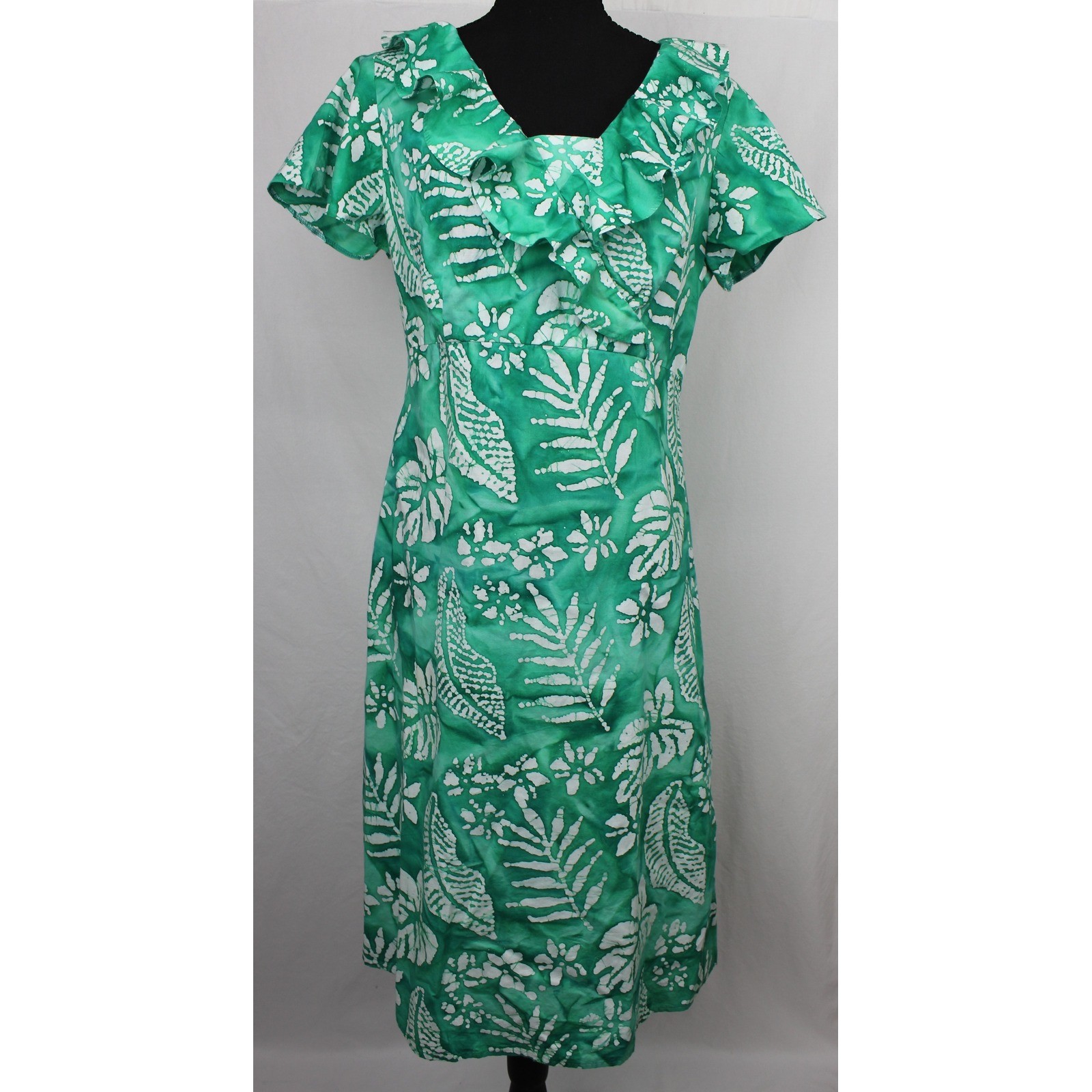 Vintage Green White Tropical Batik Ruffle Neck Midi Dress Short Sleeve Summer M