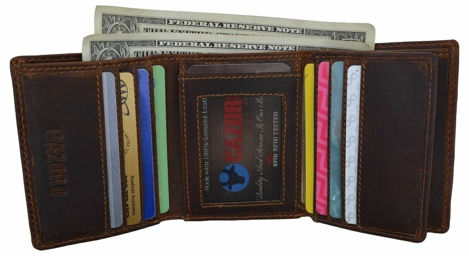 Cazoro RFID Blocking Hunter Leather Mens Wallet Trifold Credit Card ID Holder