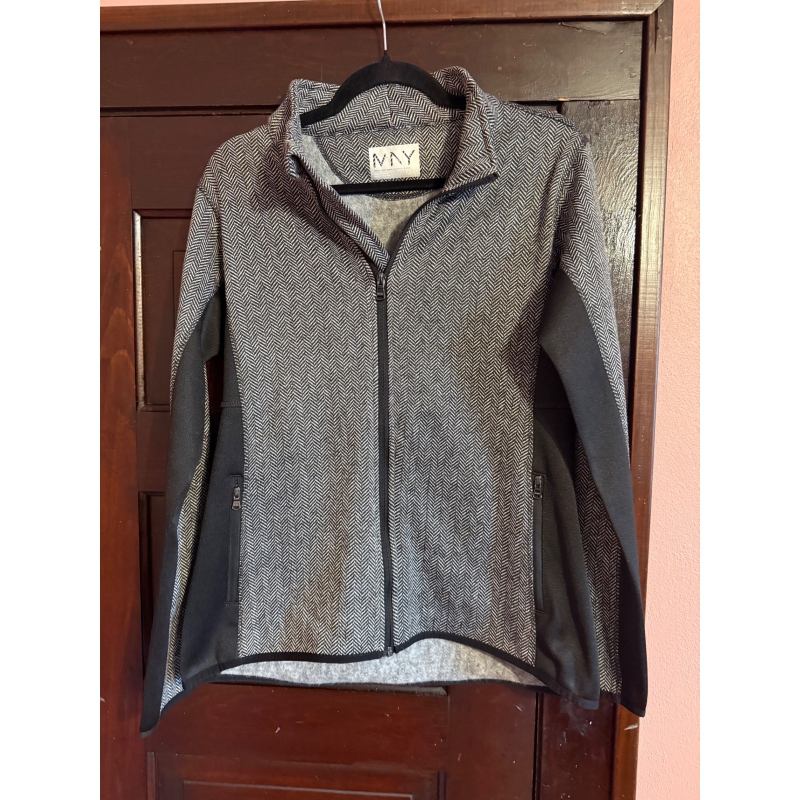 Marc New York Womens Herringbone Fleece Full Zip Jacket Black White M