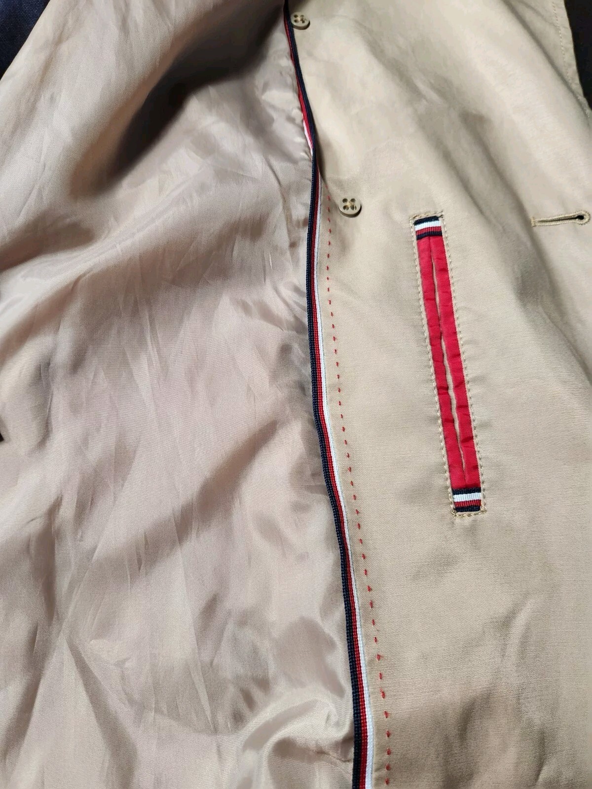 Tommy Hilfiger Double-Breasted Khaki Trench Coat Belt Hood Pockets Size Med EUC