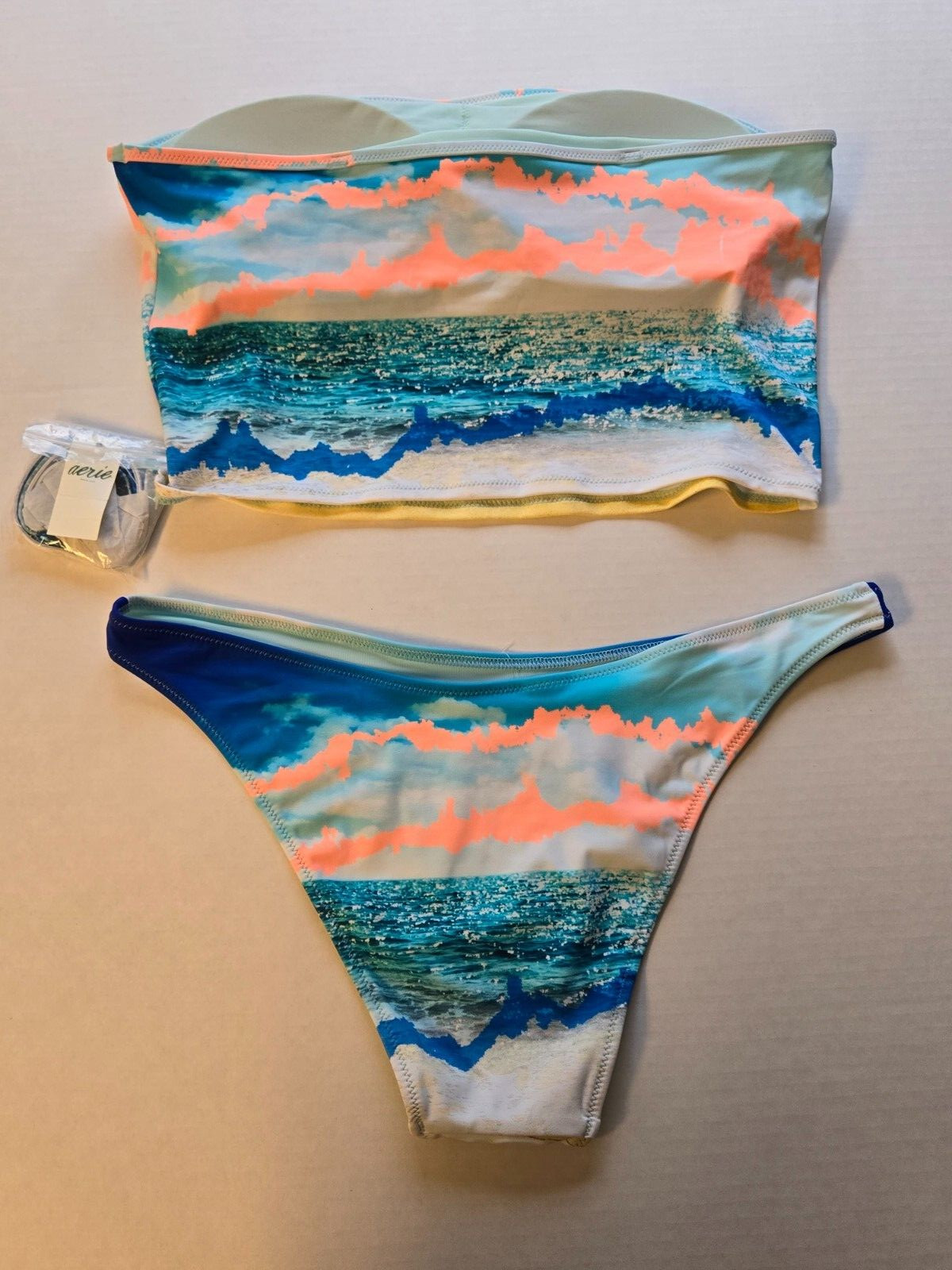 New American Eagle Aerie UPF 50 Longline Bathing Suit Top Bandeau Top Blue Beach