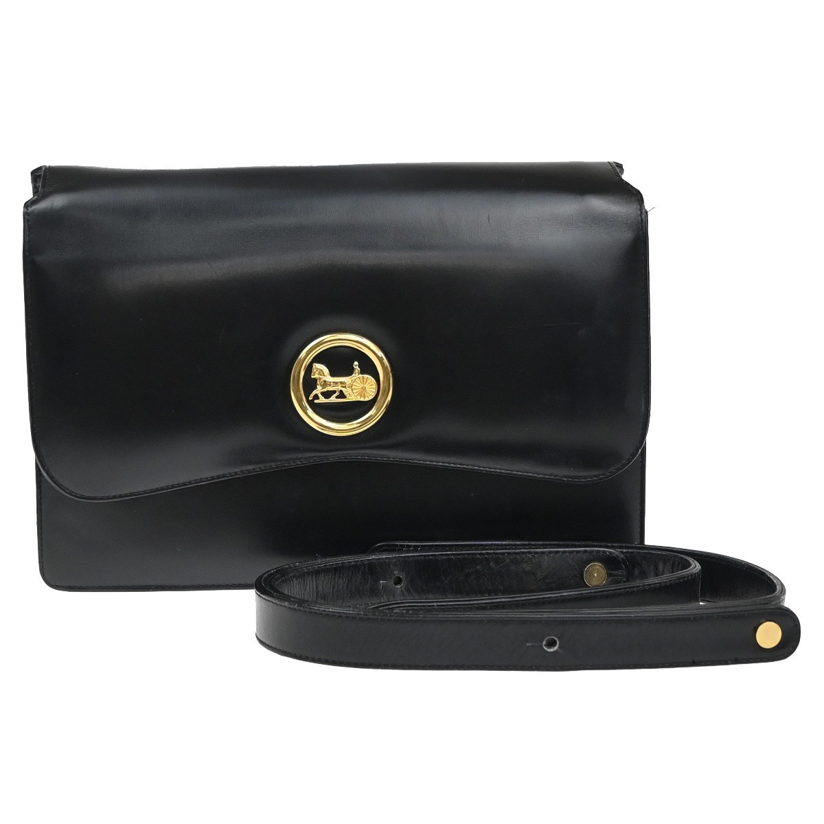 CELINE PARIS Logo Horse Carriage Shoulder Bag Leather Black Gold Italy 38KP606