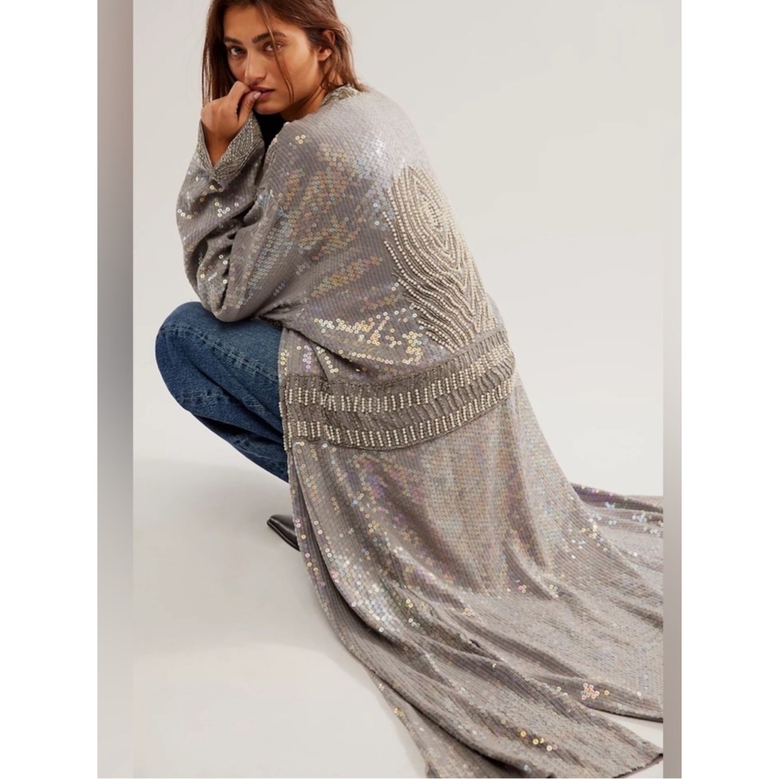 NWOT Rare Free People Guilded Siren Embelished Beaded Duster Kimono Size XS