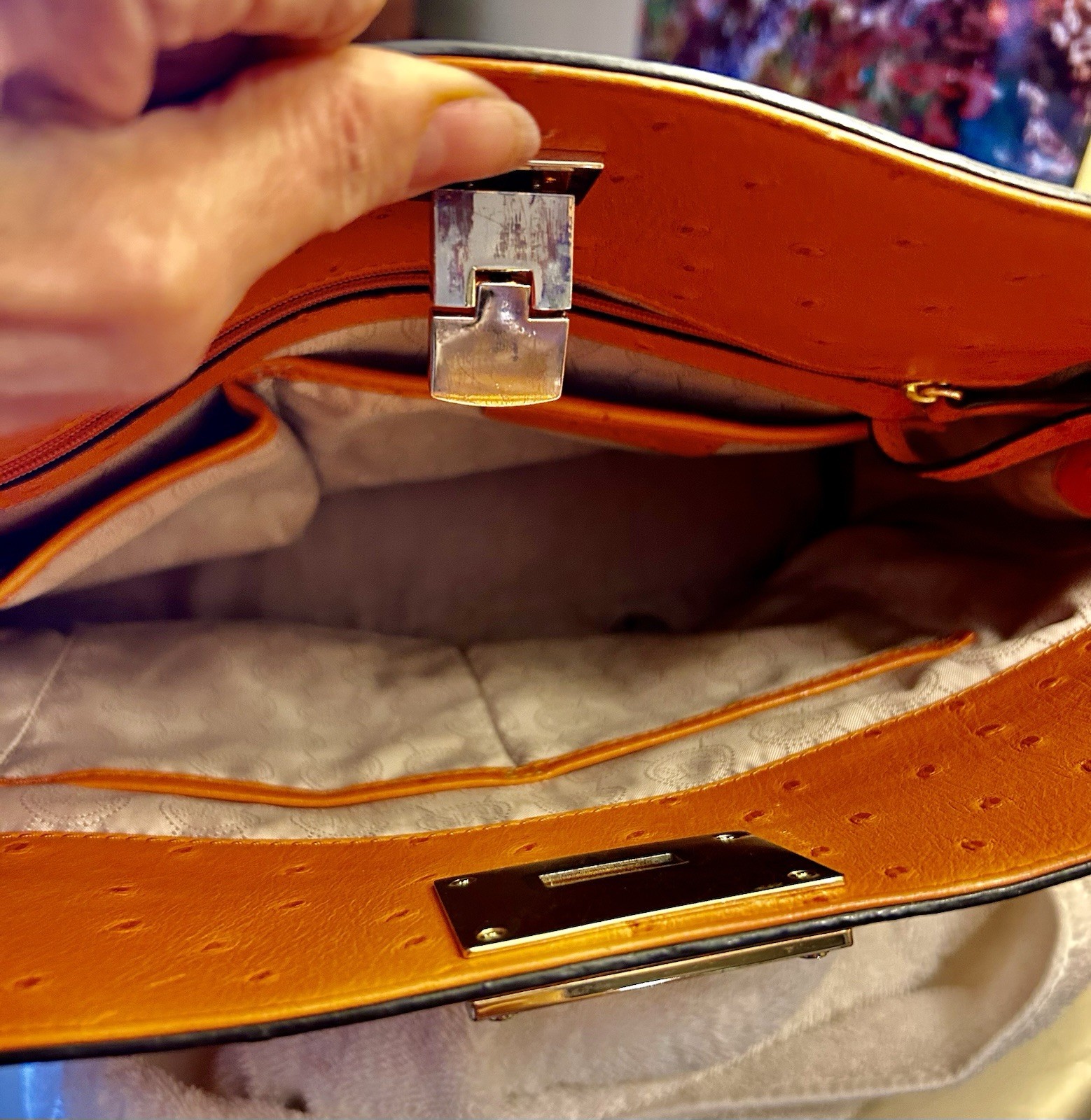 Michael Kors Orange Ostrich Satchel Top Handle Double Handles Gold Push Lock