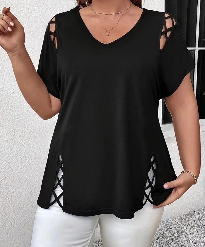 Plus Size V Neck Cutout Short Sleeve Tee Crisscross Casual Summer Top 0XL-5XL