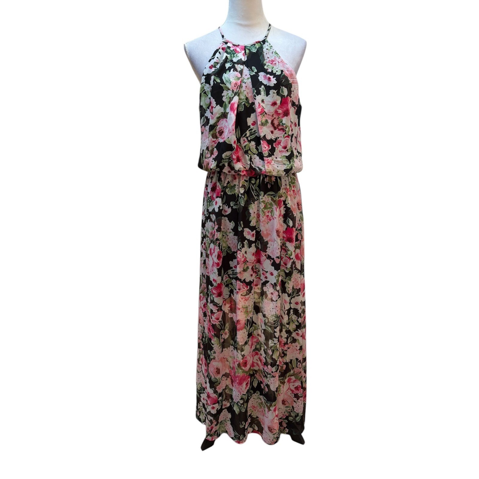 Rebecca B Floral Halter Maxi Dress Black Pink Crochet Lace Back Size 12
