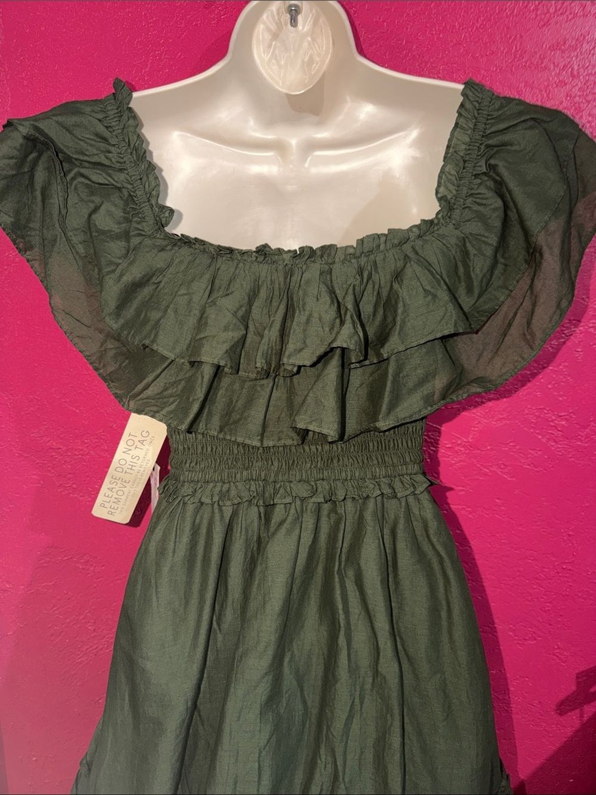NWT Happy X Nature Olive 100% cotton ruffled smocked boho mini dress. Sz S