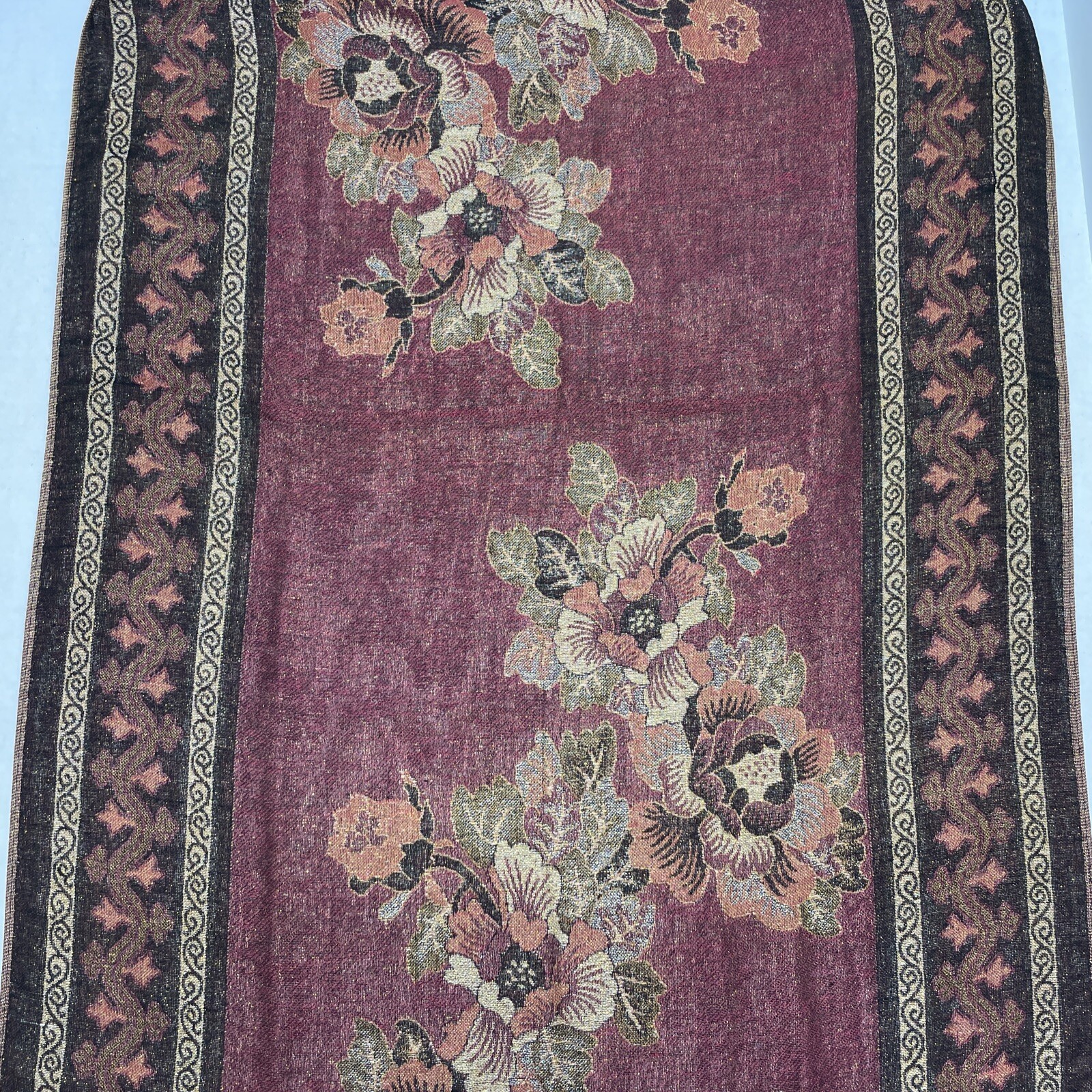 Elegant Floral Wrap Fringed Scarf Maroon Gold Black Oblong Rectangle Sparkle 72”