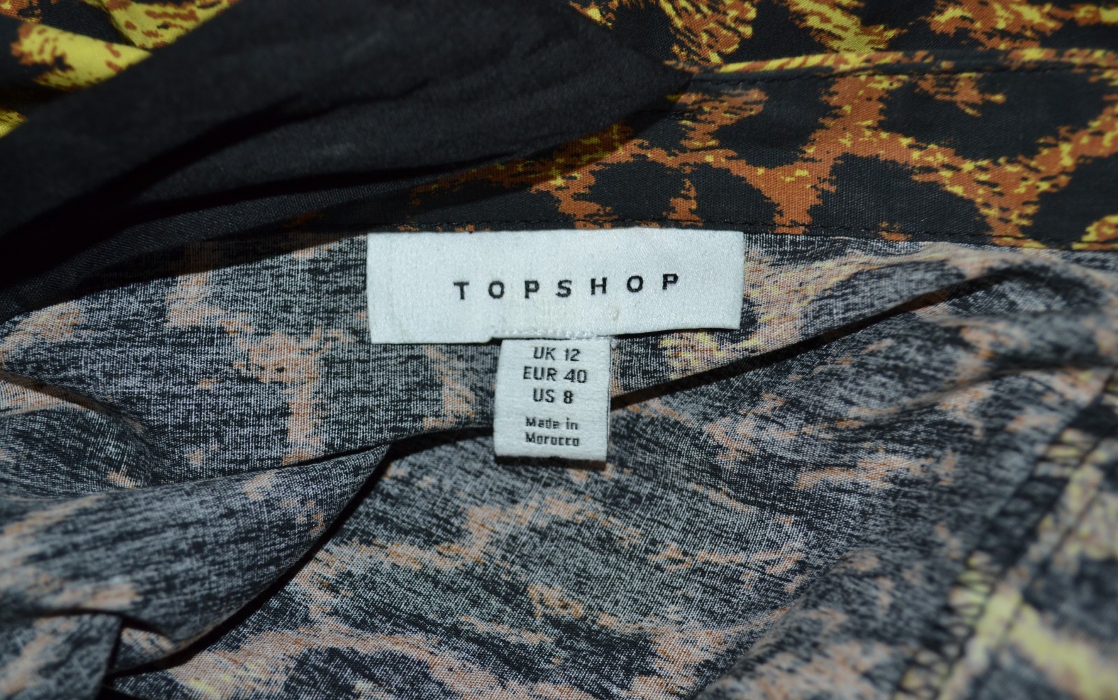TOPSHOP Black Brown Yellow Animal Print Dress US 8 V Neck Front Back Short Slvs