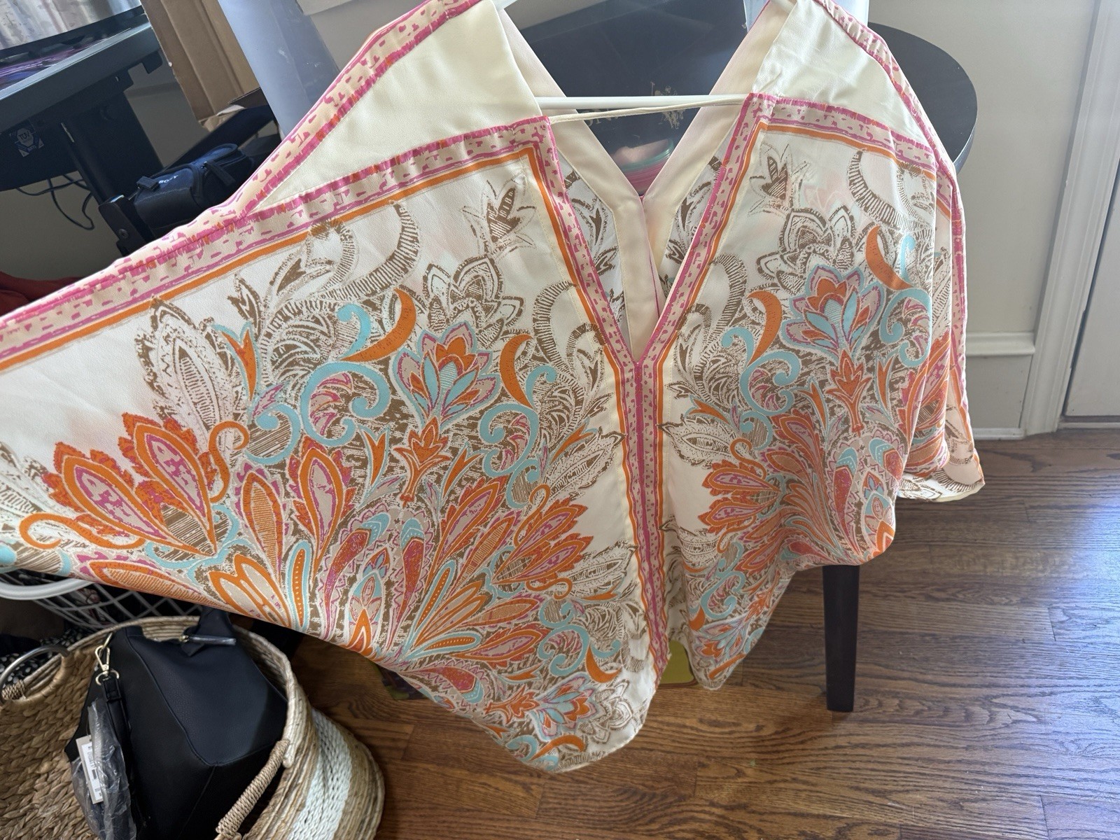 Bohemian Summer Flowy Top With 3/4 Sleeves, Coral Blue And Tan Colors