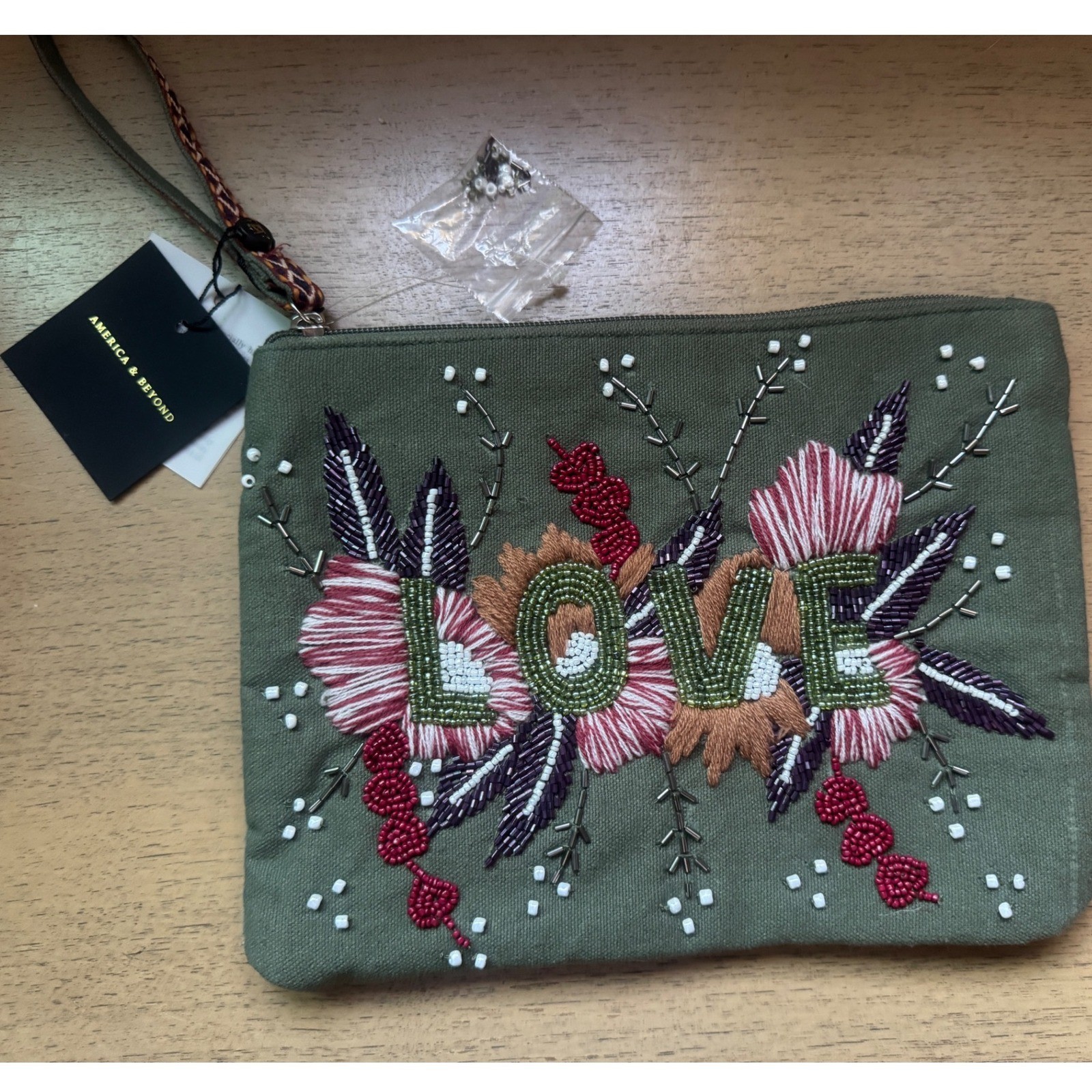 America & Beyond Love Beaded Floral Wristlet Clutch Bag Olive Green Canvas NEW