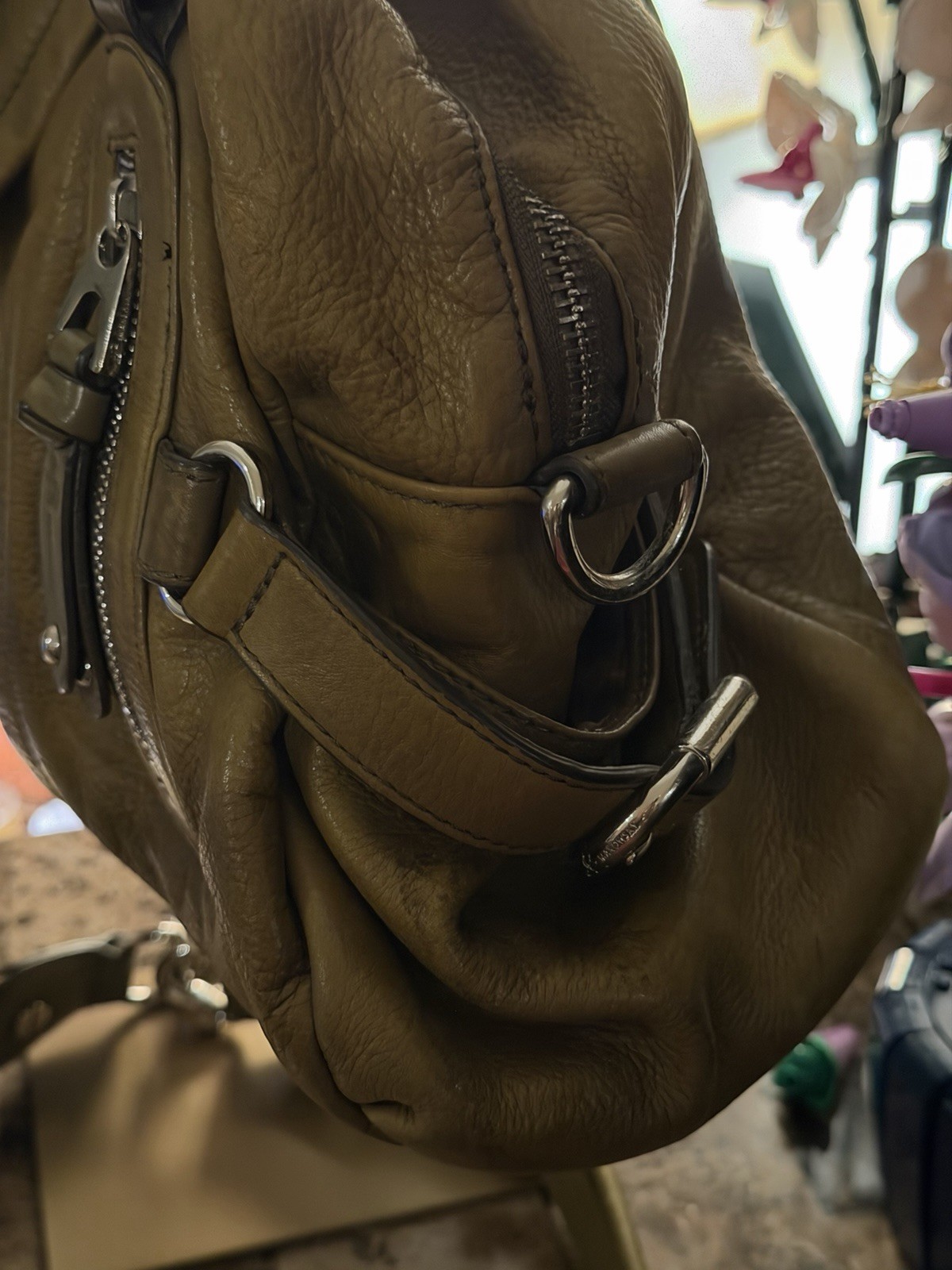 B. Makowsky Olive Green Pebbled Satchel Top Handle Zip Silver Detach Strap