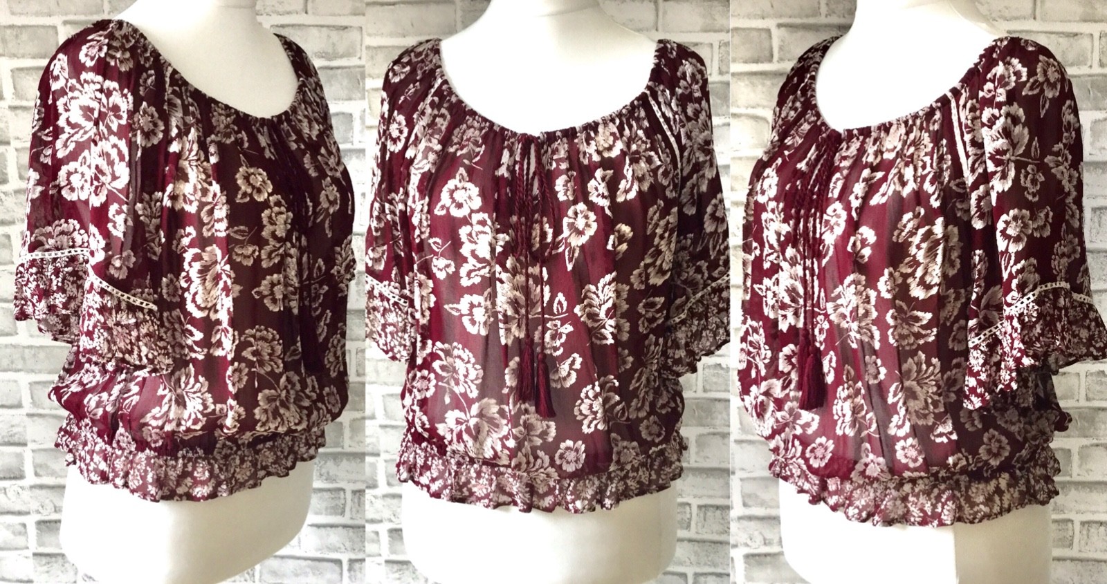 Jane Norman Women Burgundy Floral Off Shoulder Gypsy Boho Top UK 10 BNWT