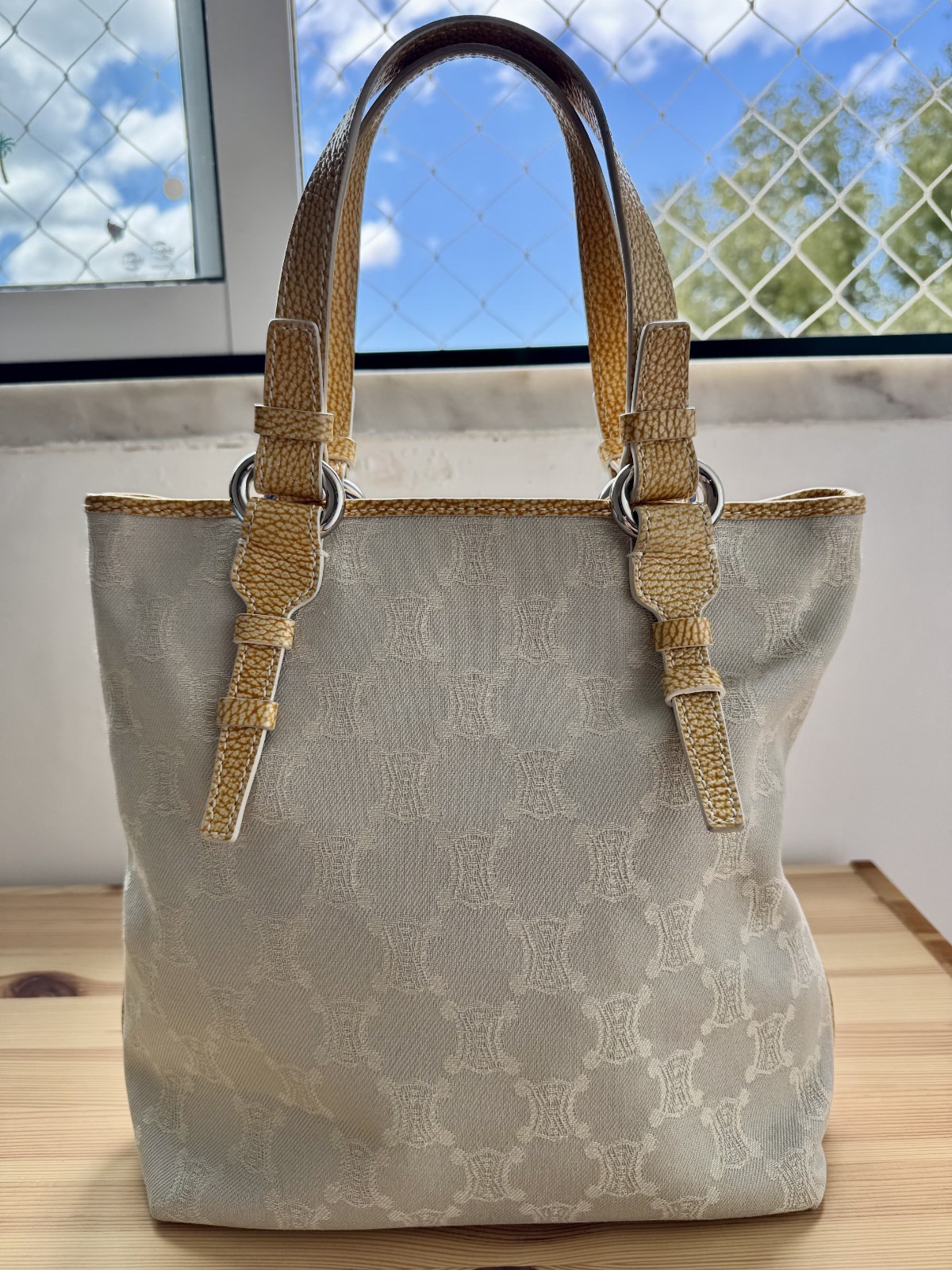 Vintage CELINE Gray Macadam Triomphe Canvas Tote Bag – Y2K Yellow Leather Trim