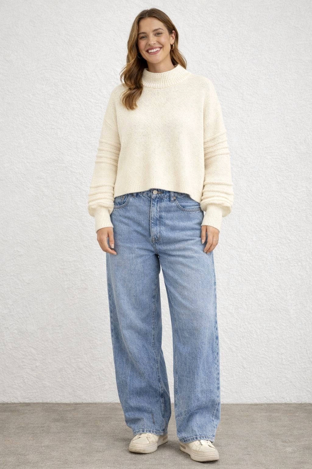 Boxy Chunky Knit Sweater Oversized Cropped Ribbed Balloon Sleeves Womens M