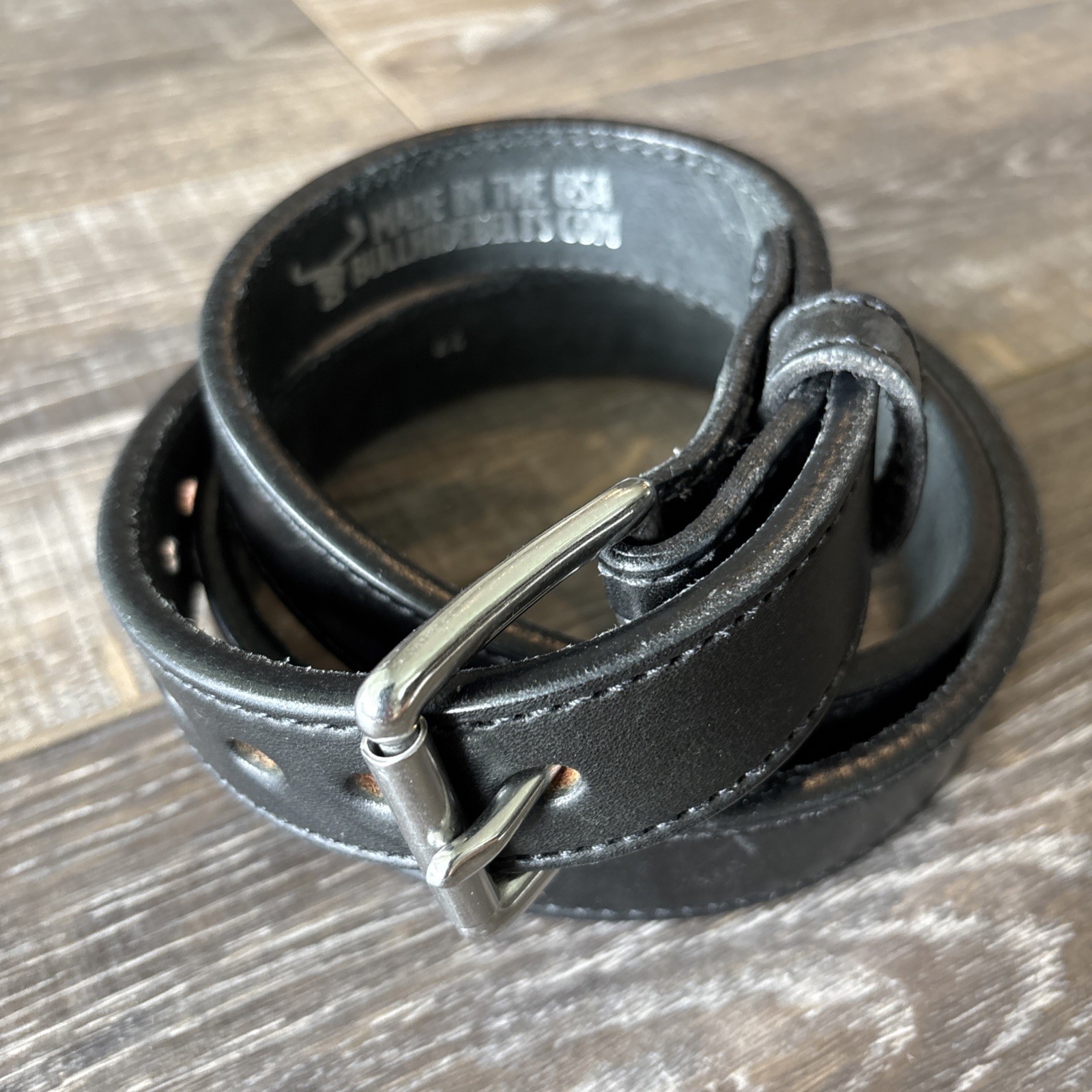 BULLHIDE BELTS MENS BLACK LEATHER DOUBLE STITCHED SOLID BELT SIZE 44 MADE IN USA