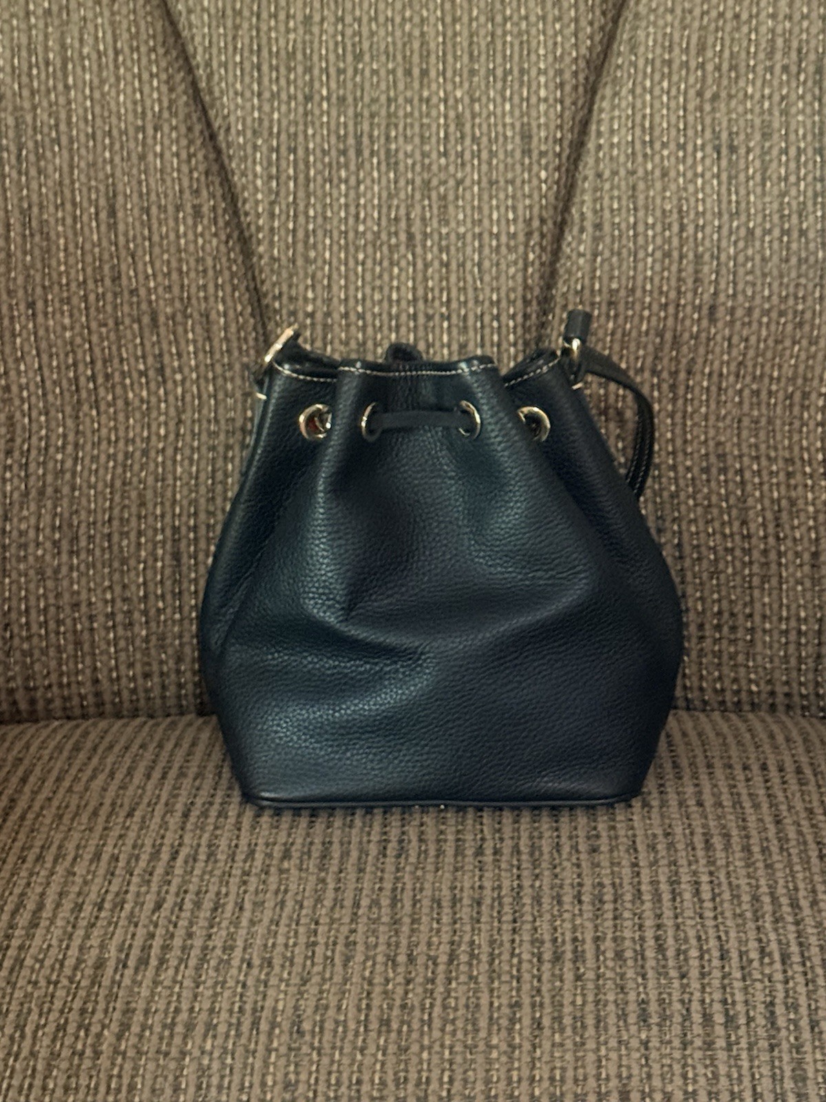 Dooney & Bourke Black Pebbled Drawstring Bucket Bag Tassel, Adjustable Strap
