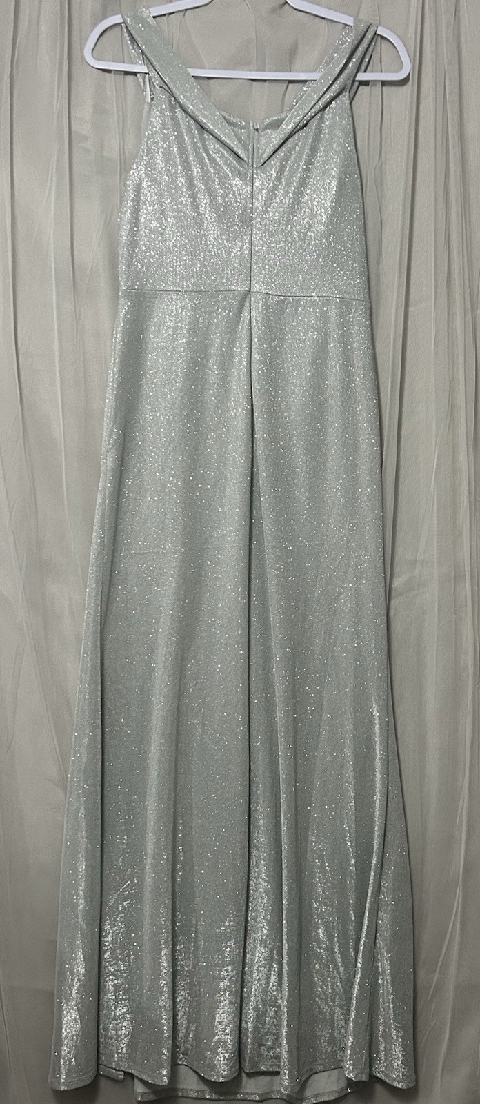 La Scala Silver Glitter V-Neck Long Gown Dress Strappy Sleeveless Lined L