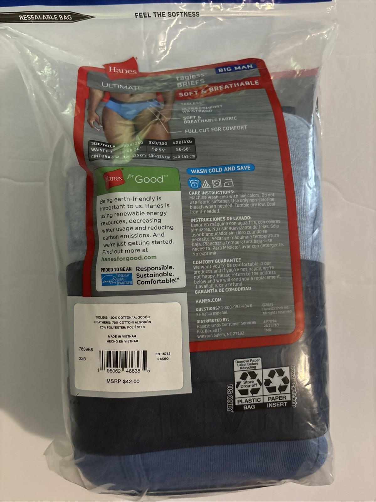 Hanes Briefs Men 2XB Multi Ultimate Big Man Tagless 6-Pack 7839B6 48-50” NEW
