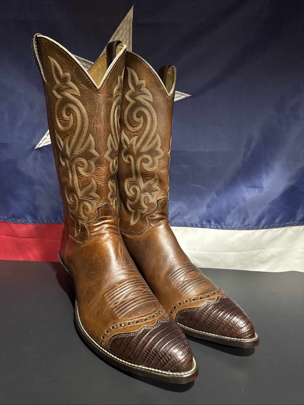 Justin Wing-Tip Western Cowboy Boots Lizard & Cowhide men’s Sz 11.5-B