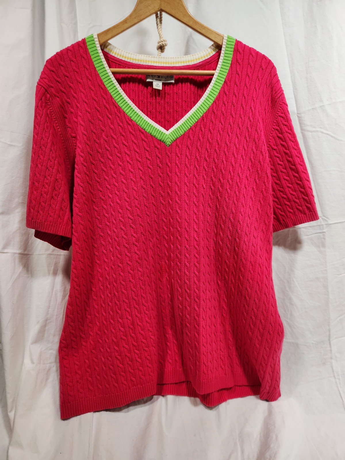 Tommy Hilfiger Women 3X S-Sleeve cable-knit sweater Fuchsia Pink V-Neck Logo