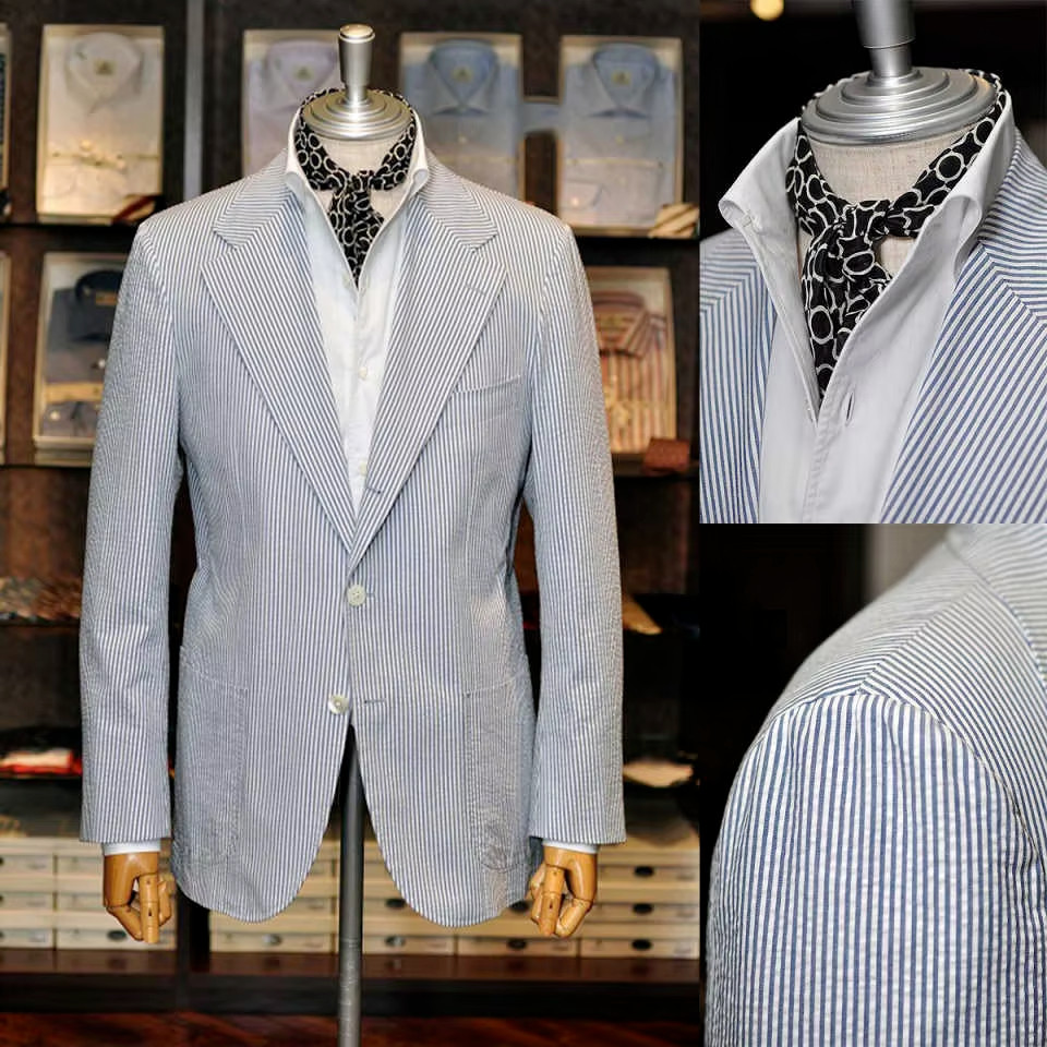 Striped Mens’ Suits Seersucker Business Office 2Pcs Formal Jacket Blazer