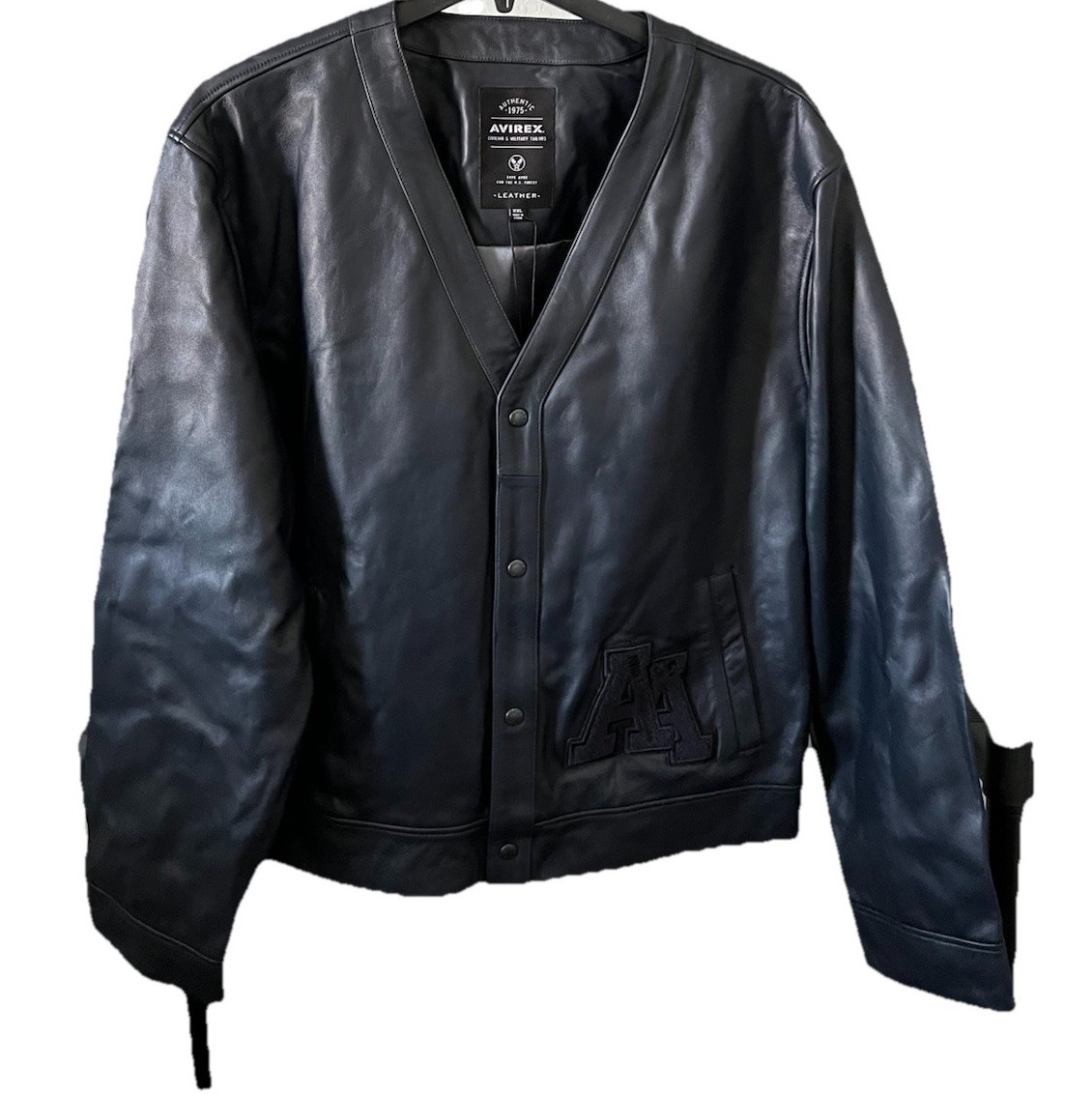 Avirex Men’s Authentic Varsity Leather Jacket Navy Blue Embroidered Lined XXL