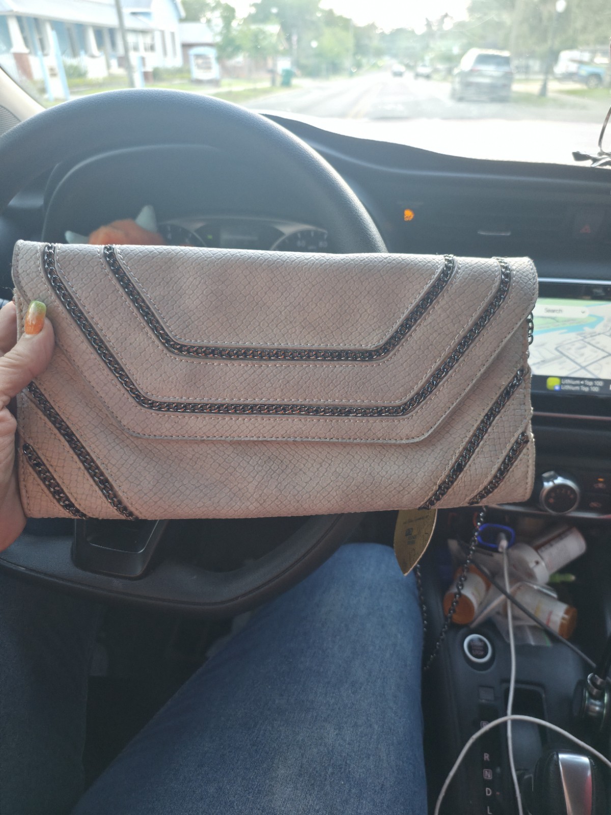 NWT Urban Expressions Gray Vegan Leather Clutch Crossbody Purse Gunmetal Chain