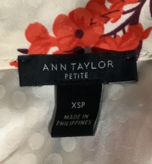Ann Taylor Floral High Neck Blouse Short Sleeve Top cream beige Sz XSP Petite XS