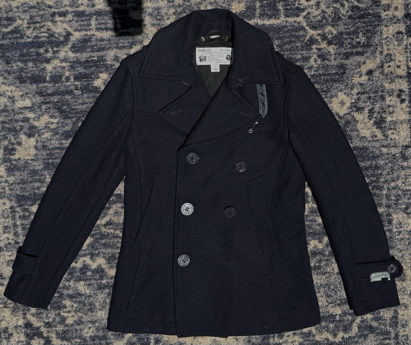 Diesel Men’s Navy Wool Peacoat, Military-Style, Double Breasted