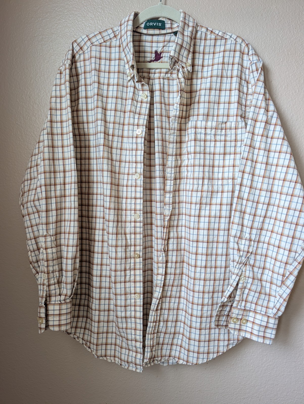 Orvis Country Twill Men’s L Beige Blue Brown Plaid Cotton Button-Down Pockets