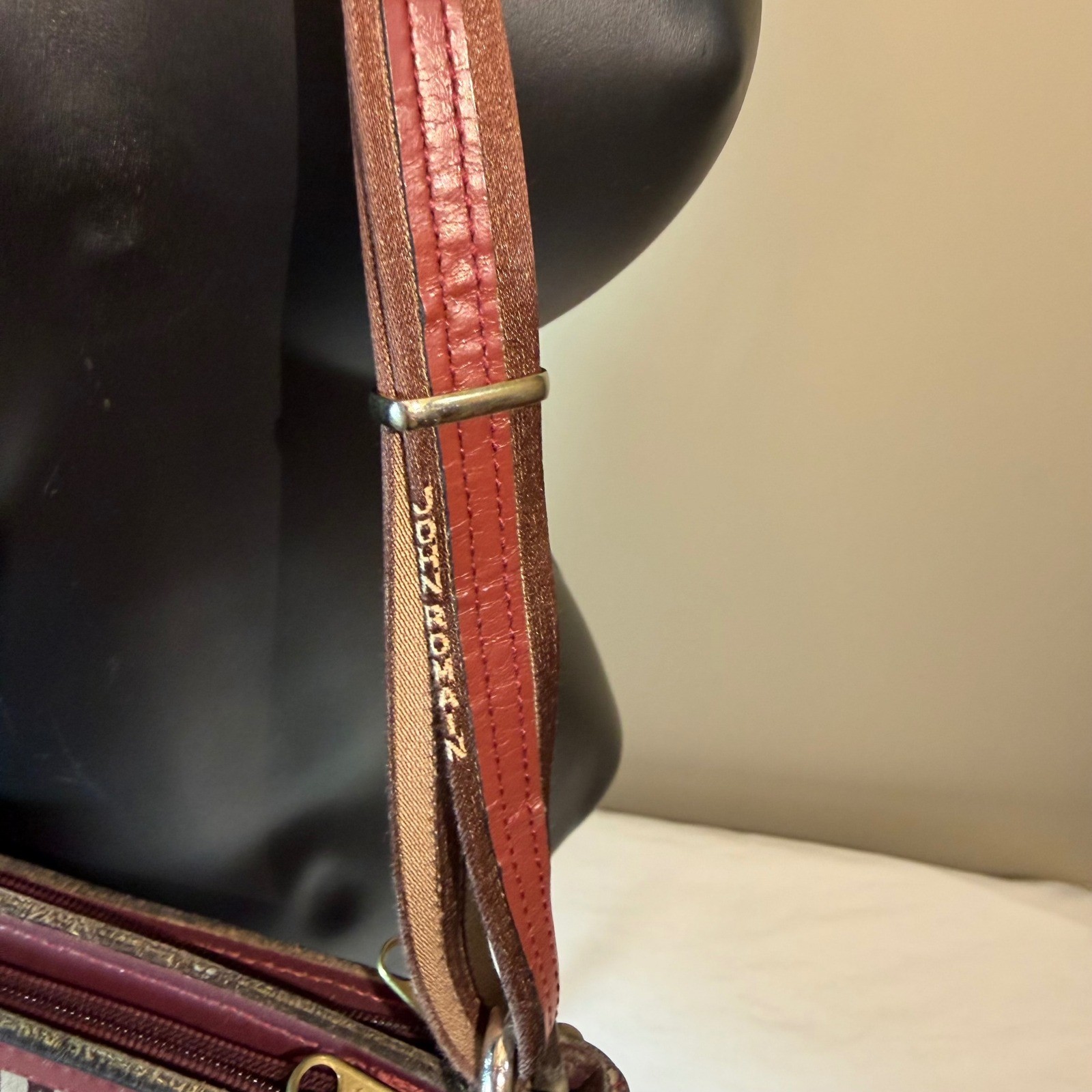 Vintage John Romain Striped Crossbody Bag Brown Burgundy Leather Trim Lion Crest