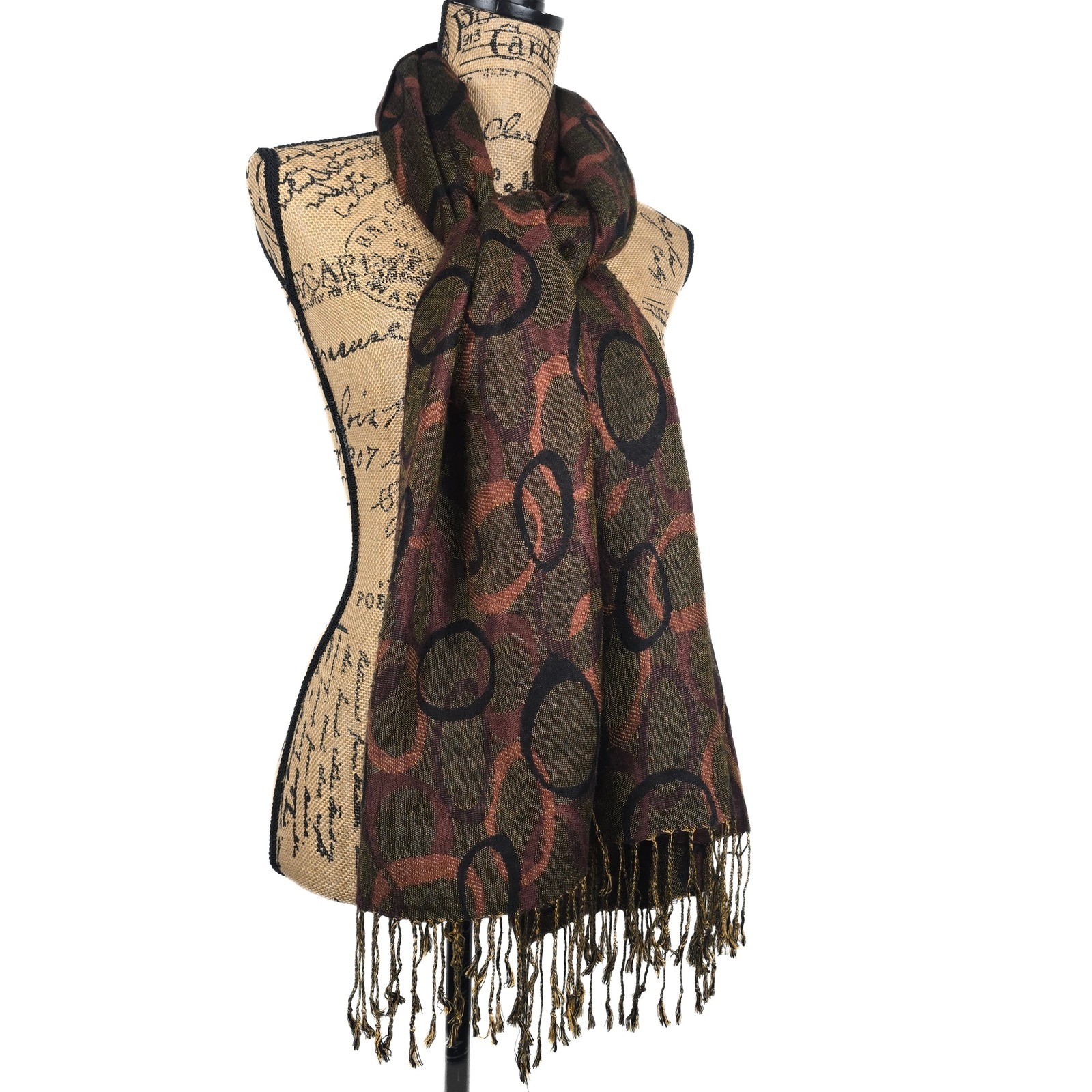 Pashmina 100% Pashmina Scarf Wrap Burgundy Copper Geometric Circle Fringe Shawl