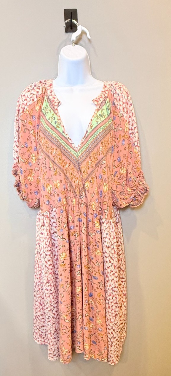 Davi & Dani Women’s 1X Pink Floral Boho Babydoll Dress Plus Size Bohemian /cotta