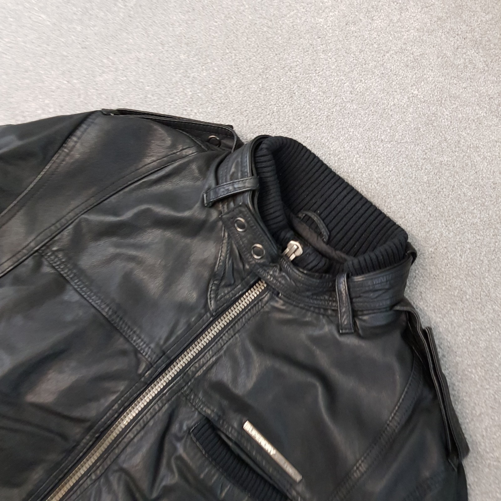 Superdry Mens Jacket XL Black Leather Brad Biker Coat Moto Cafe Racer Trucker