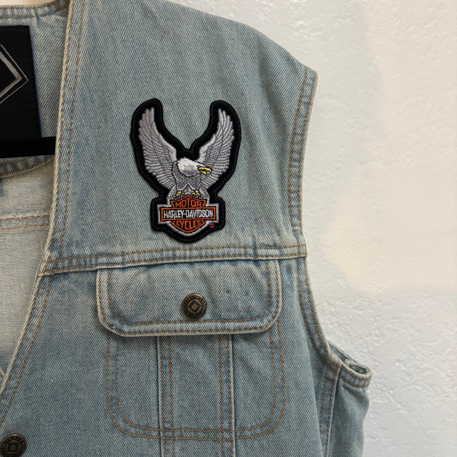 Diamond Plate Harley Davidson Eagle Patch Denim Biker Vest Light Wash Mens M
