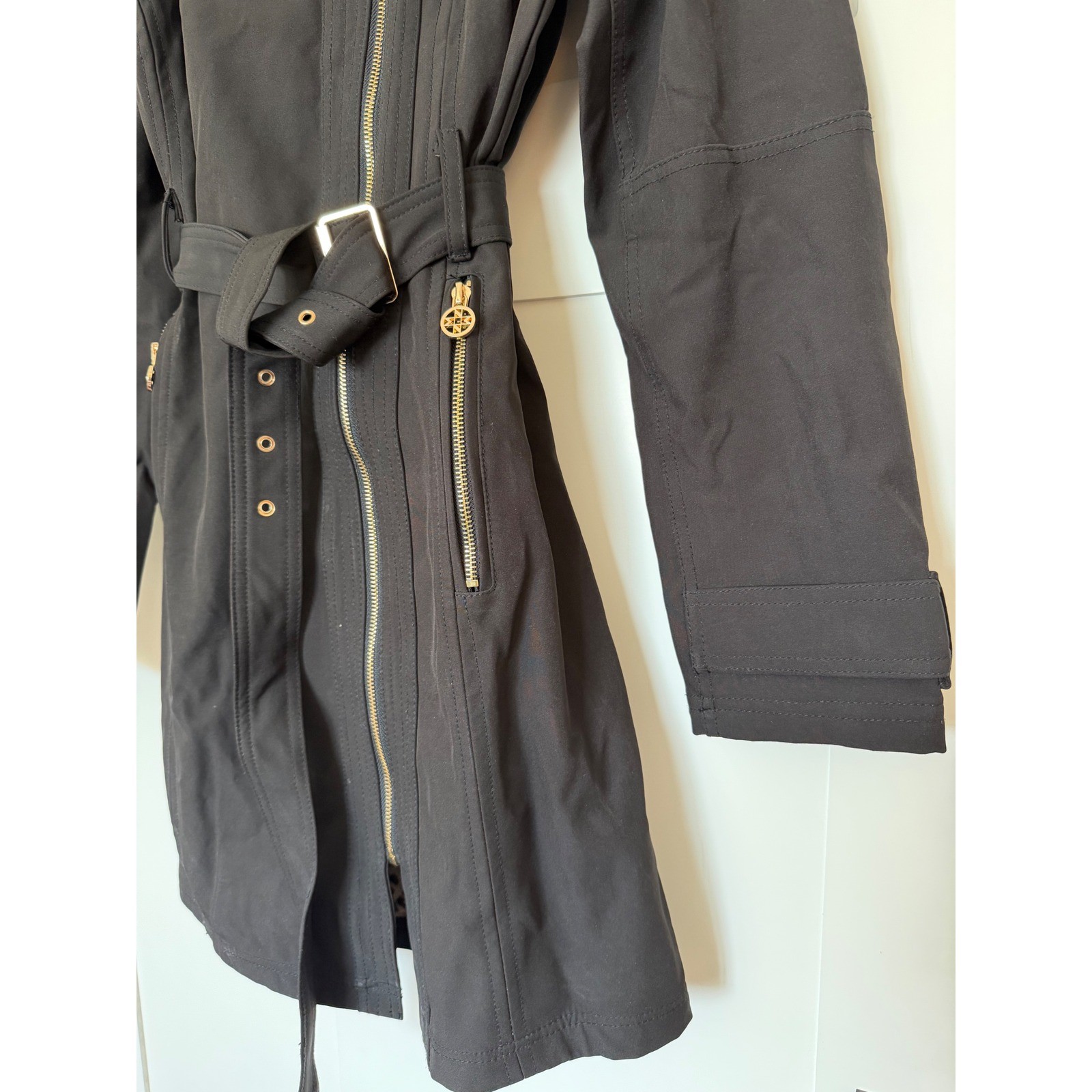Nicole Miller New York Trench Coat Black Belted Leopard Hood Moto Zip Womens M