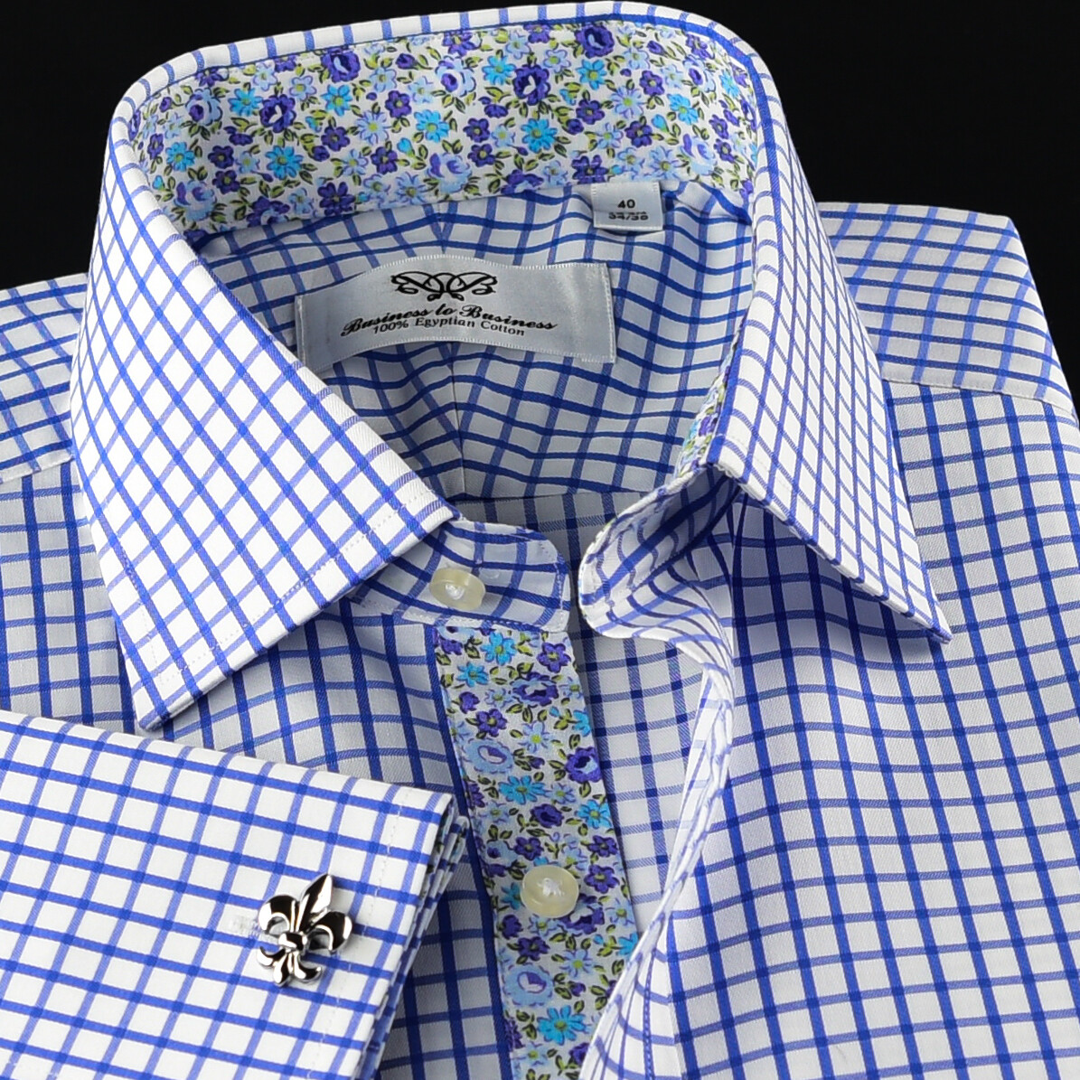 Blue Check Business Dress Shirt Men’s Classic Formal French Cuff Floral Style A