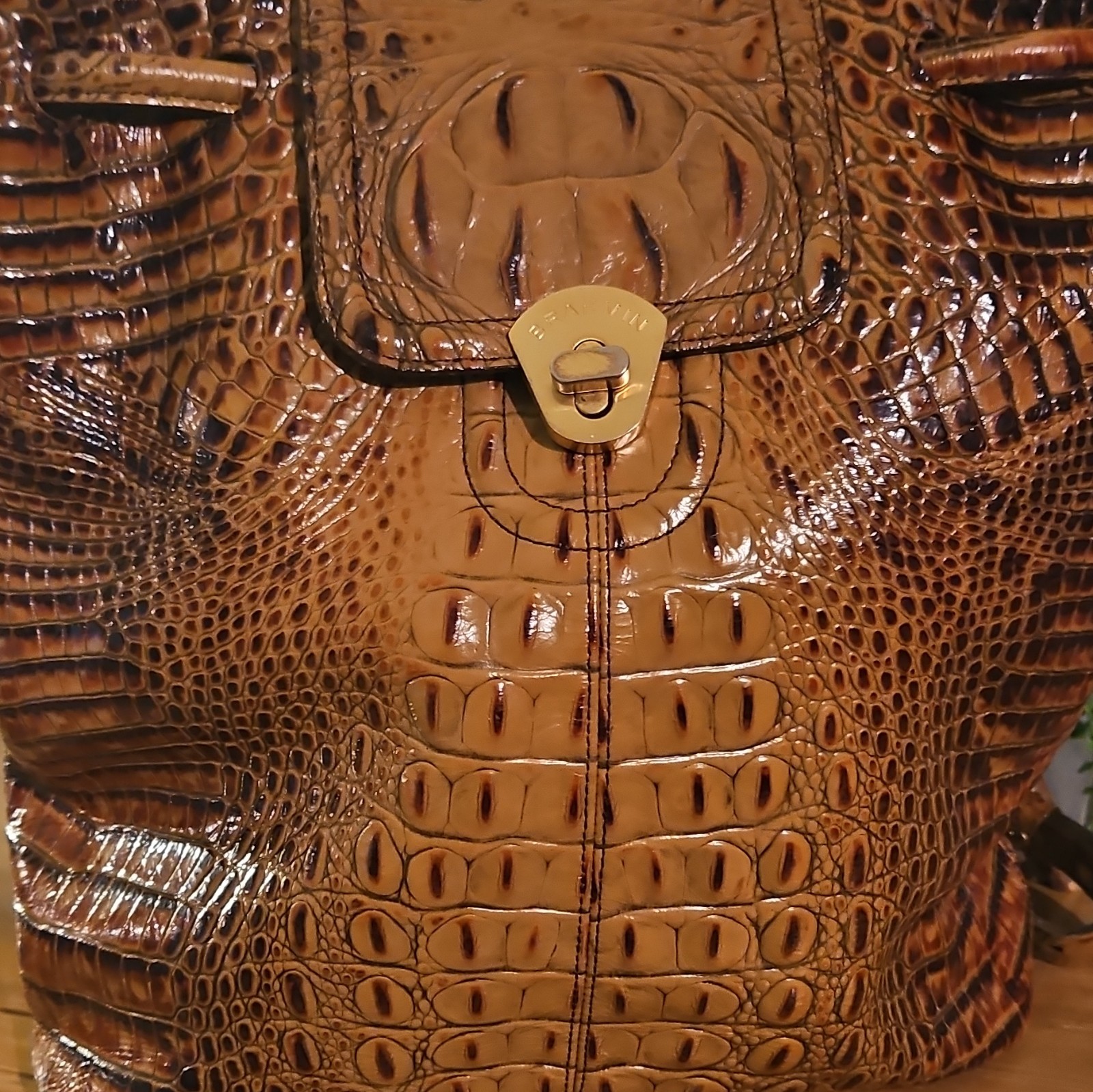 Brahmin Brown Embossed Animal Print Large Tote Turn Lock Zip Gold Charm
