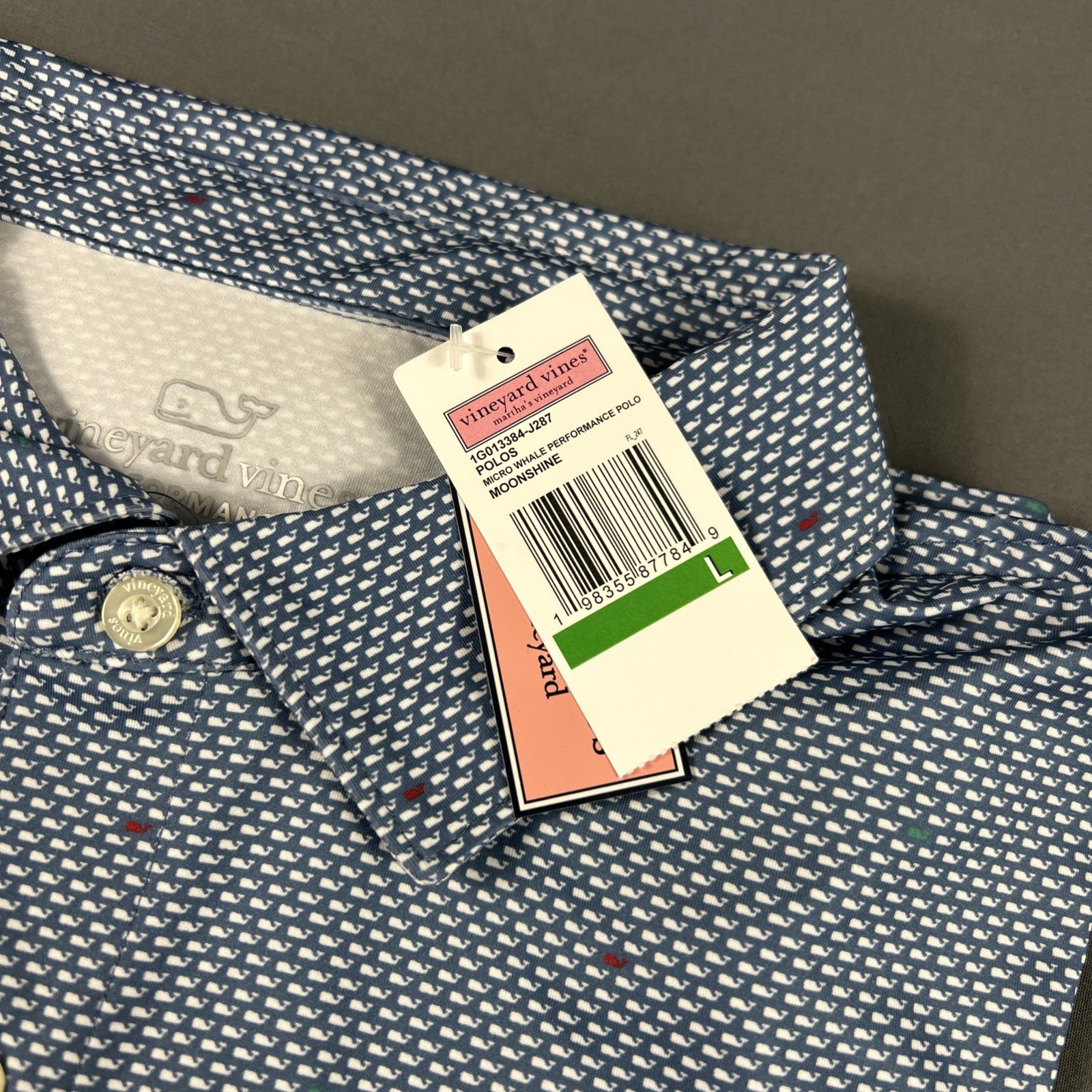 Vineyard Vines Golf Shirt Polo Micro Whale Print Large Moonshine Polyester