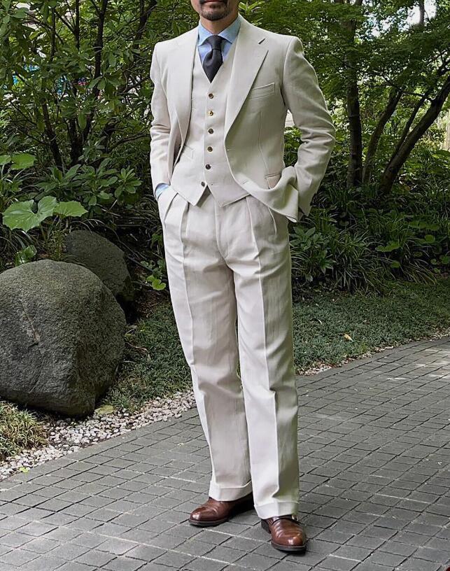 Men Beige Linen 3 Piece Suit Notch Lapel Summer Wedding Business Outfit