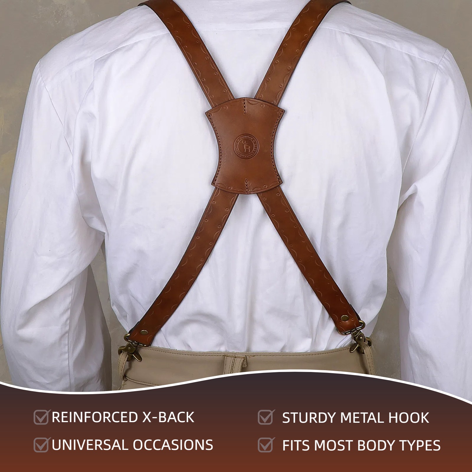 Vintage Leather X-Back Men Suspenders – Adjustable Heavy Duty Metal Hooks Casual