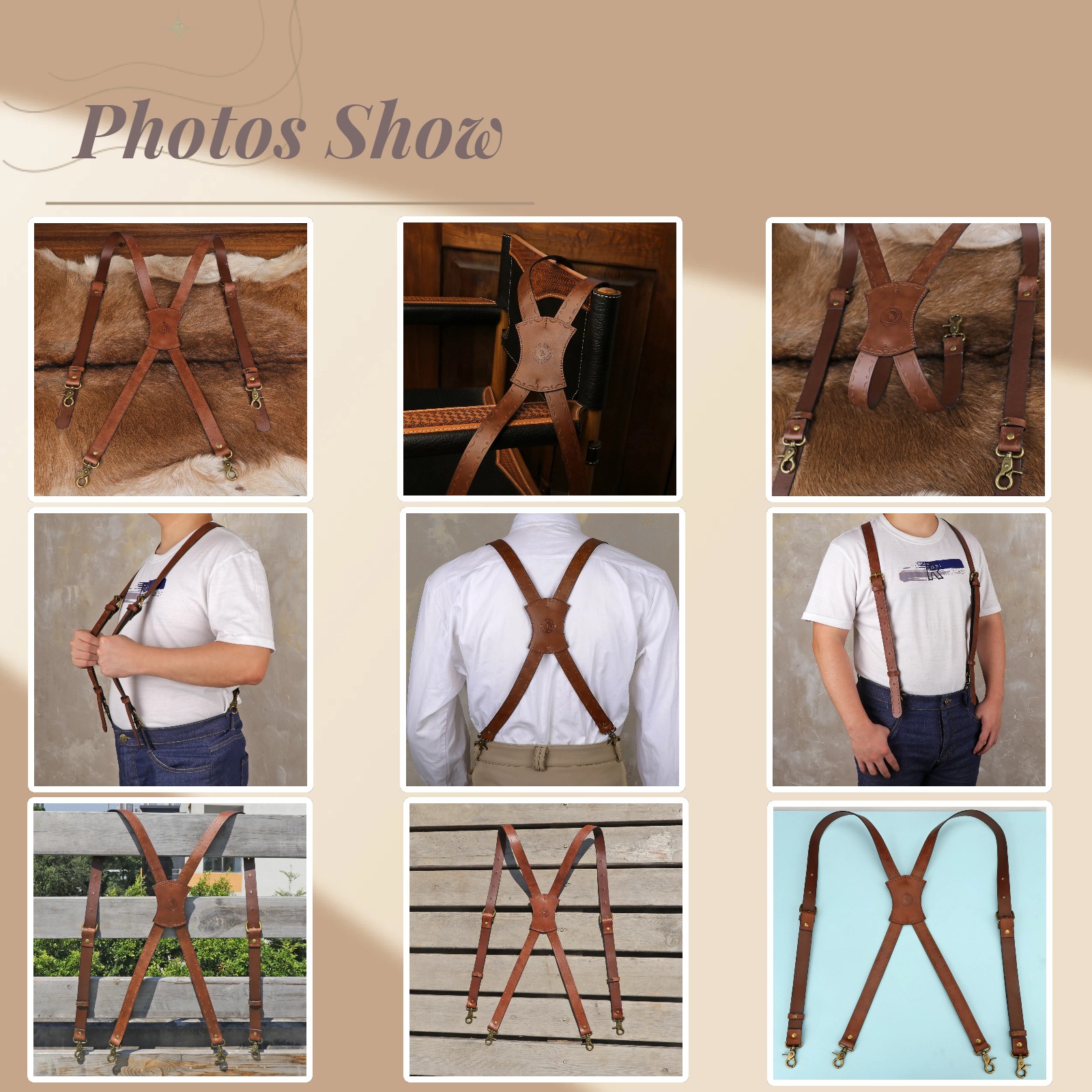 Vintage Leather X-Back Men Suspenders – Adjustable Heavy Duty Metal Hooks Casual