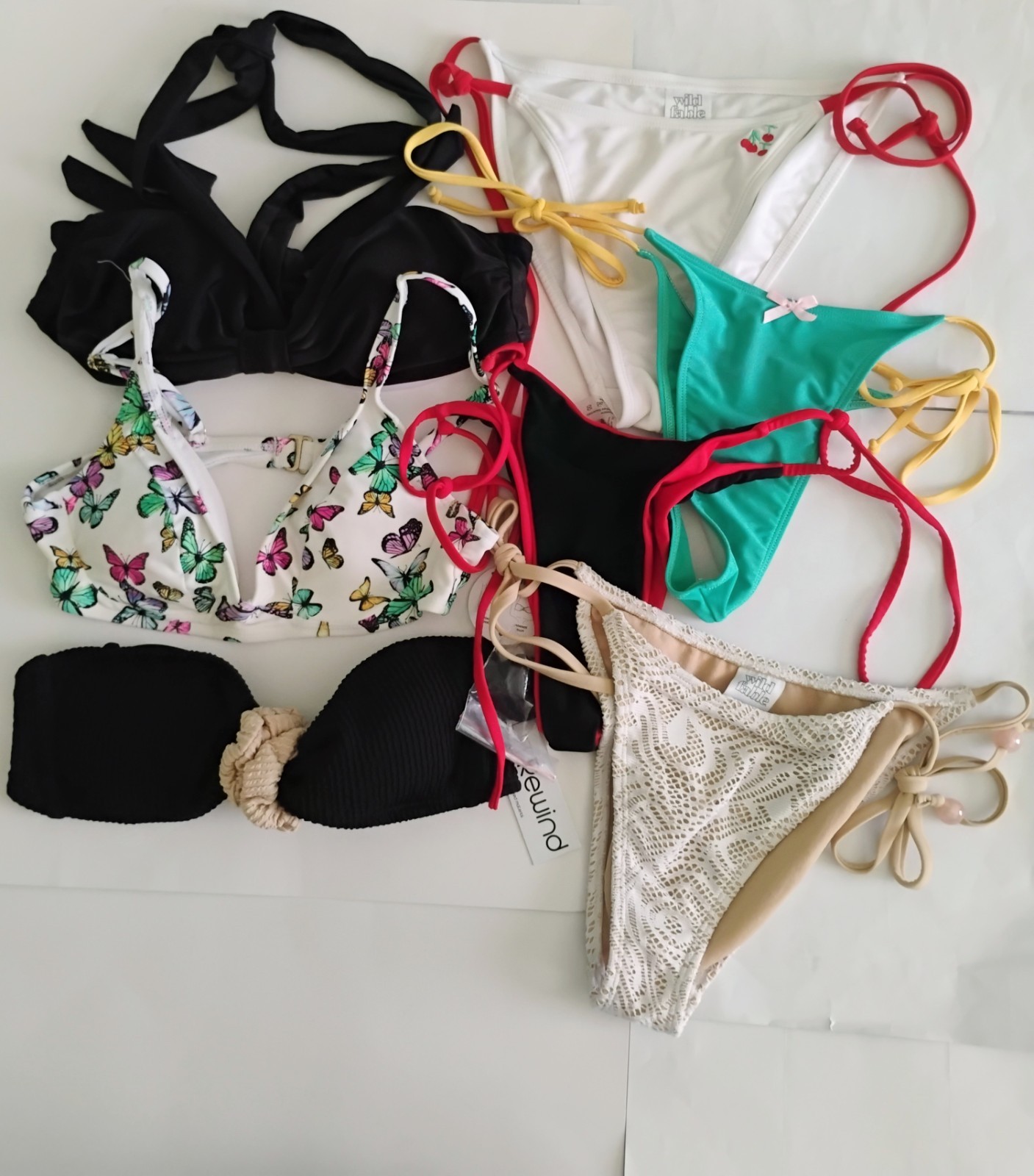 Women’s Small/M Bikini Swimsuits Lot 7 Piece Black, Butterflies, Crinkle