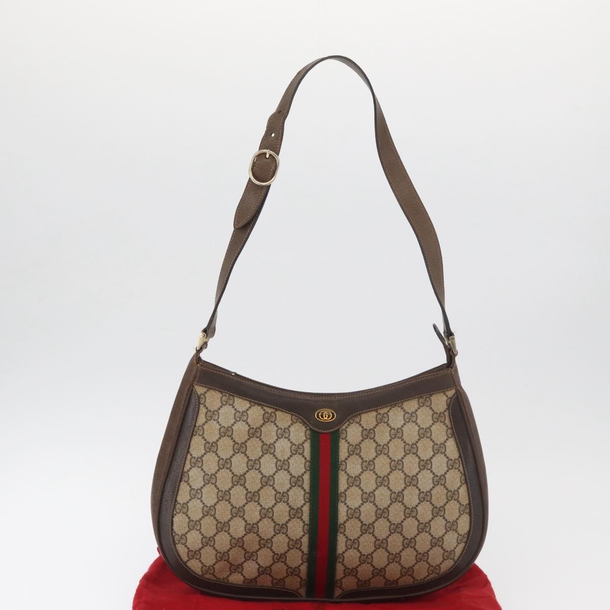 GUCCI GG Supreme Web Sherry Line Shoulder Bag PVC Beige Gold Auth 182476