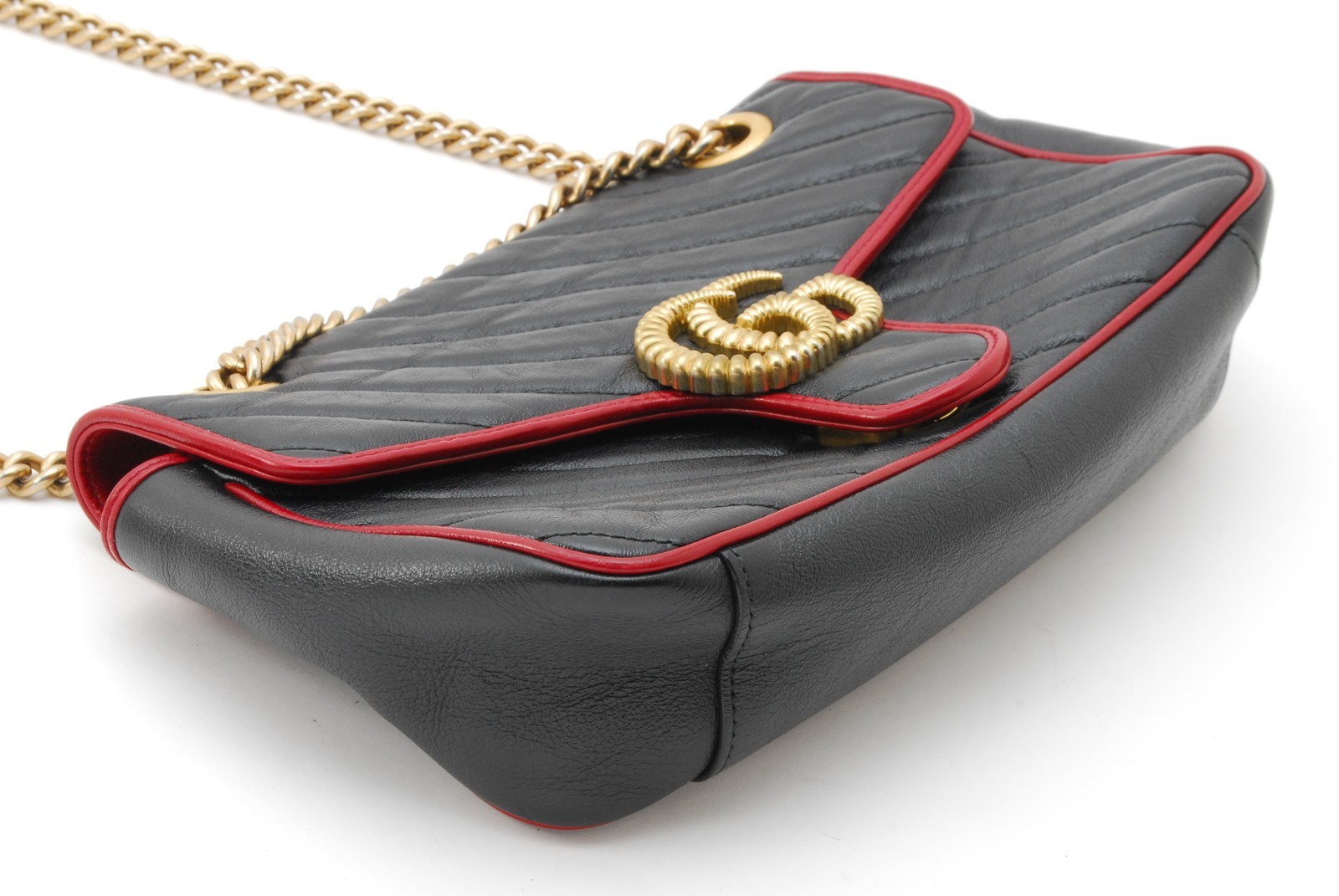 Gucci GG Marmont Shoulder Bag Black Red Trim Chain 443497